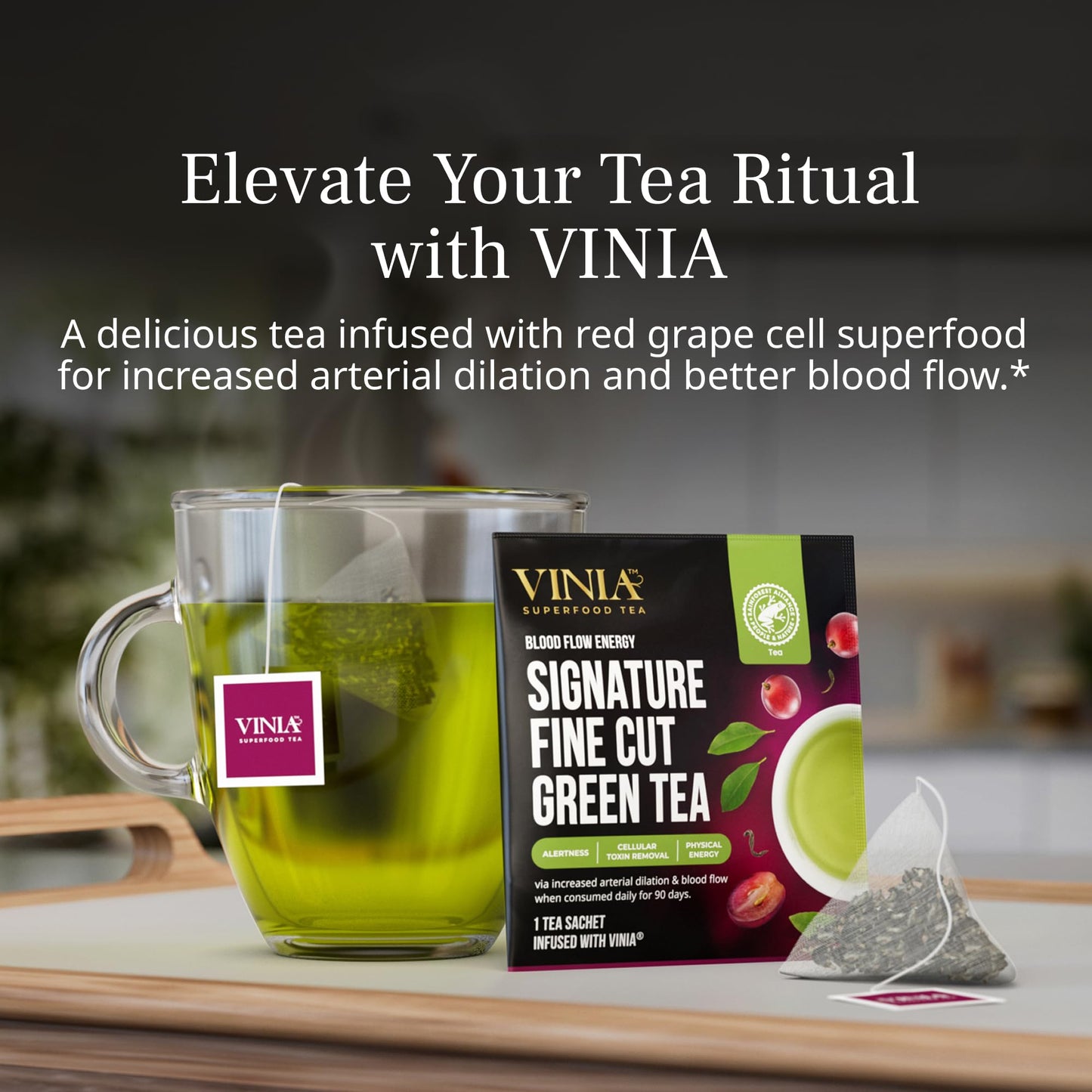 VINIA Signature Green Tea Bags, Made with Organic Green Tea, Infused with Piceid Resveratrol for Heart Health, Nitric Oxide, Physical Energy, Alertness, Blood Flow, Keto, Kosher, Non-GMO. (30)