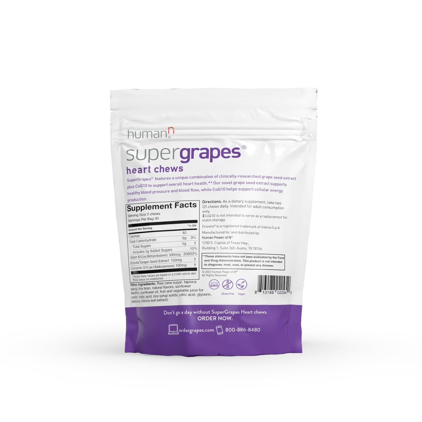 humanN SuperGrapes Chews Supplement – with 100mg CoQ10 and Grape Seed Extract – from The Makers of SuperBeets - Grape Flavor Chew, 60 Count