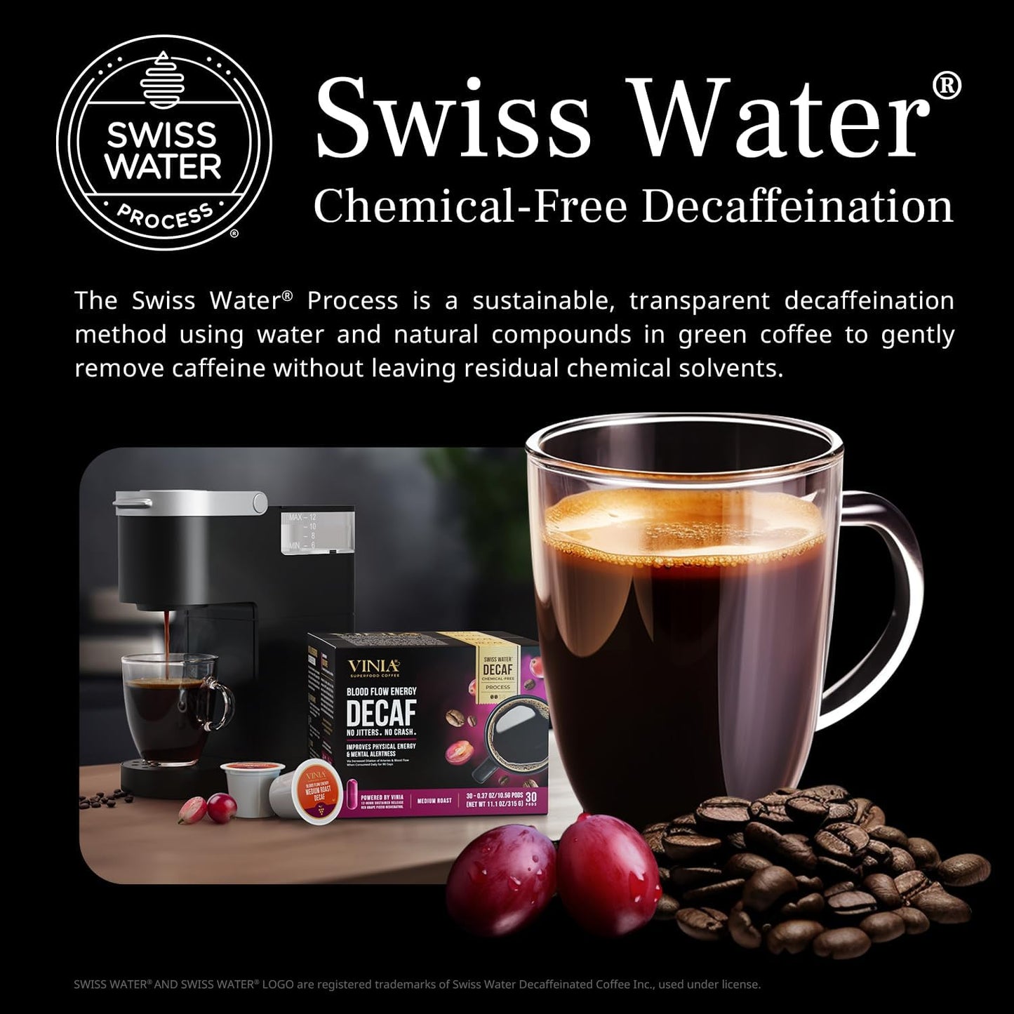 VINIA Blood Flow DECAF Coffee - Medium Roast Superfood Coffee Pods, Swiss Water Process Powered by Red Grape Piceid Resveratrol Boost Energy Keurig Compatible K-Cup Coffee Pods, Caffeine Free, 30 Ct