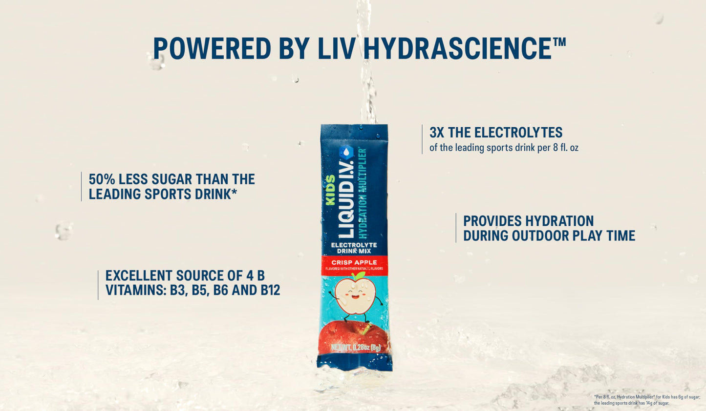 Liquid I.V.® Hydration Multiplier® +Kids - Crisp Red Apple | Electrolyte Powder Drink Mix | 2 Pack (16 Servings)