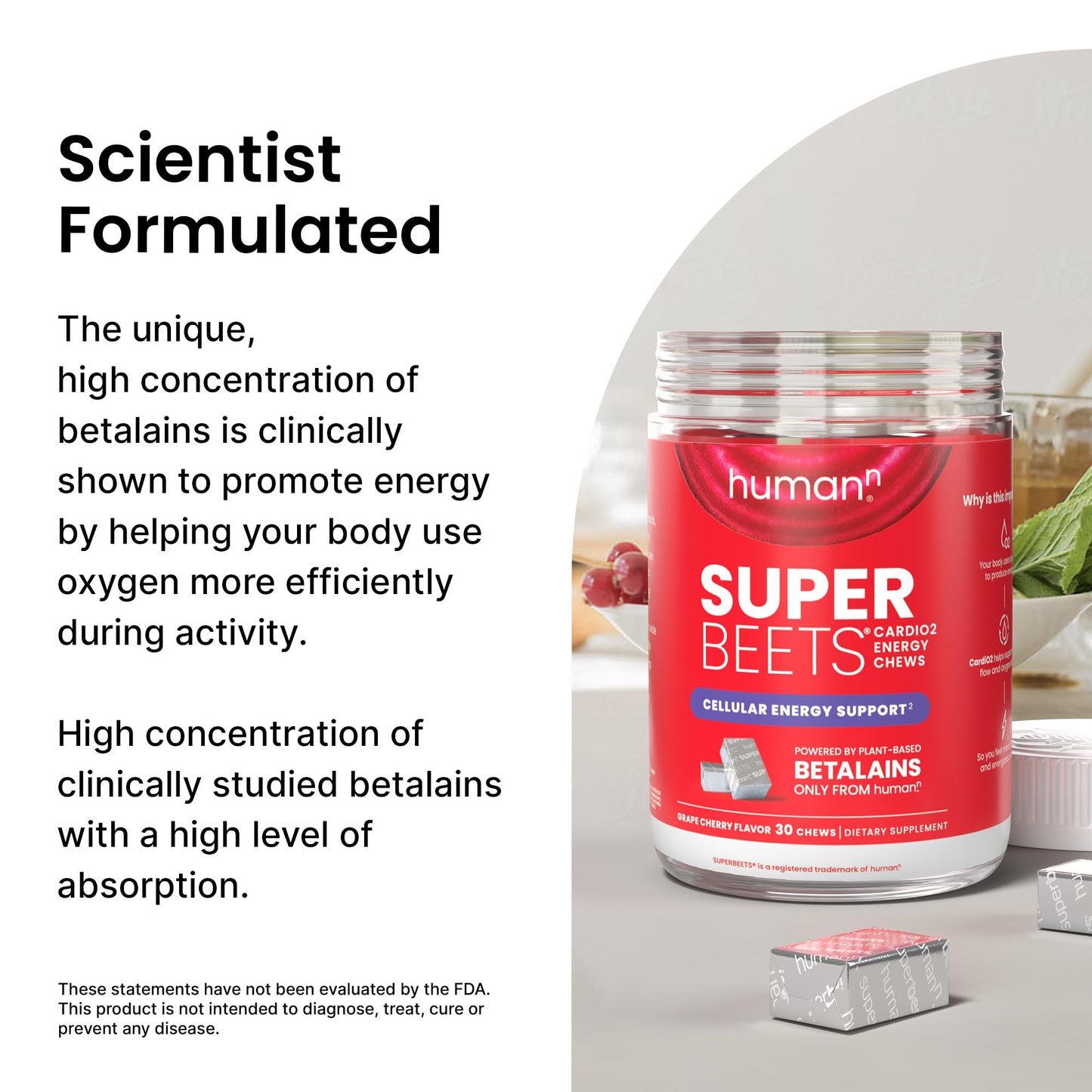 HumanN SuperBeets CardiO2 Beet Energy Chews - Betalains Compound to Support Heart Health & Blood Flow - Plant Based - No Caffeine or Stimulants - Grape Cherry Flavor - 30 Servings