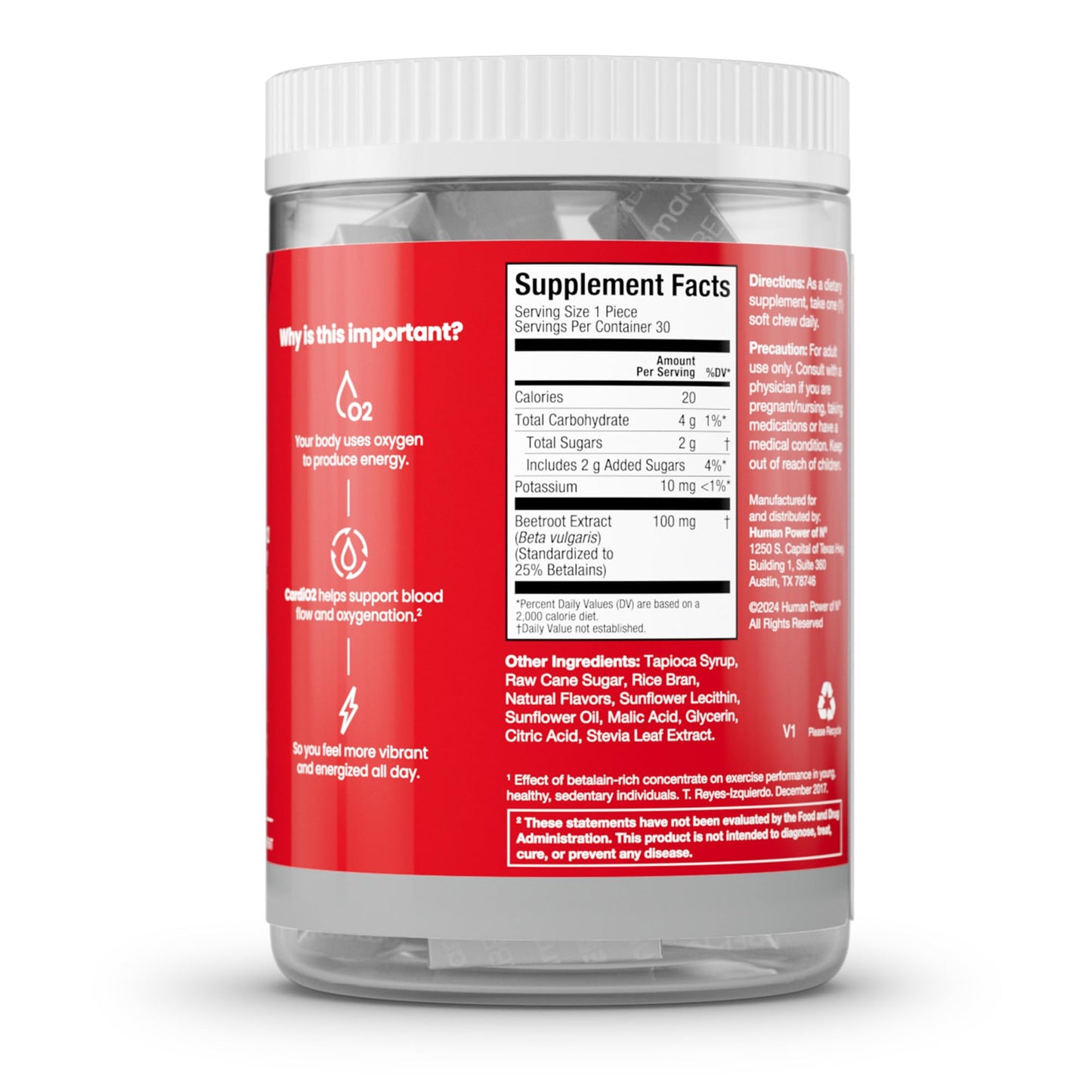 HumanN SuperBeets CardiO2 Beet Energy Chews - Betalains Compound to Support Heart Health & Blood Flow - Plant Based - No Caffeine or Stimulants - Grape Cherry Flavor - 30 Servings