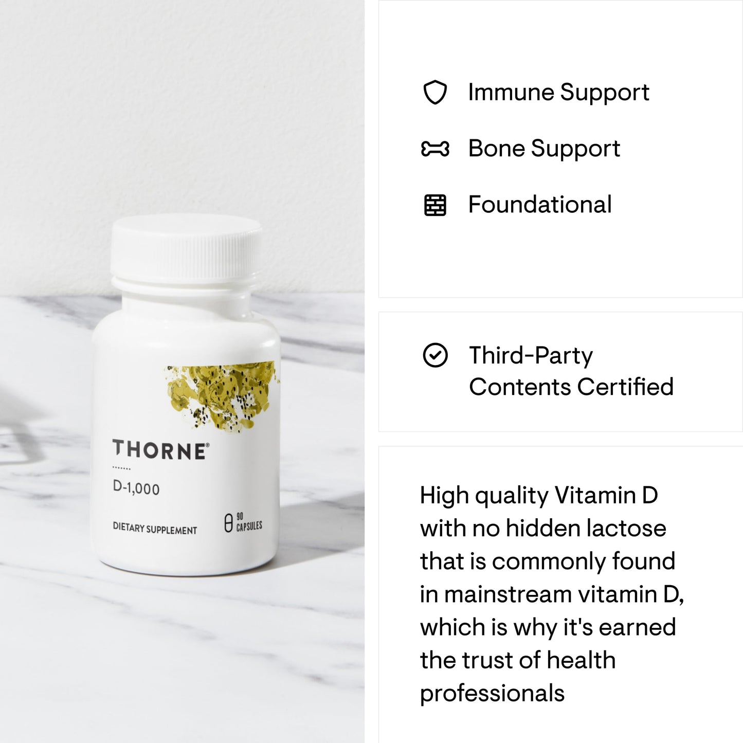 THORNE Vitamin D3 Supplement - Supports Healthy Bones, Teeth Muscles, Cardiovascular & Immune Function* - Gluten, Dairy & Soy-Free - 1,000 IU - 90 Capsules