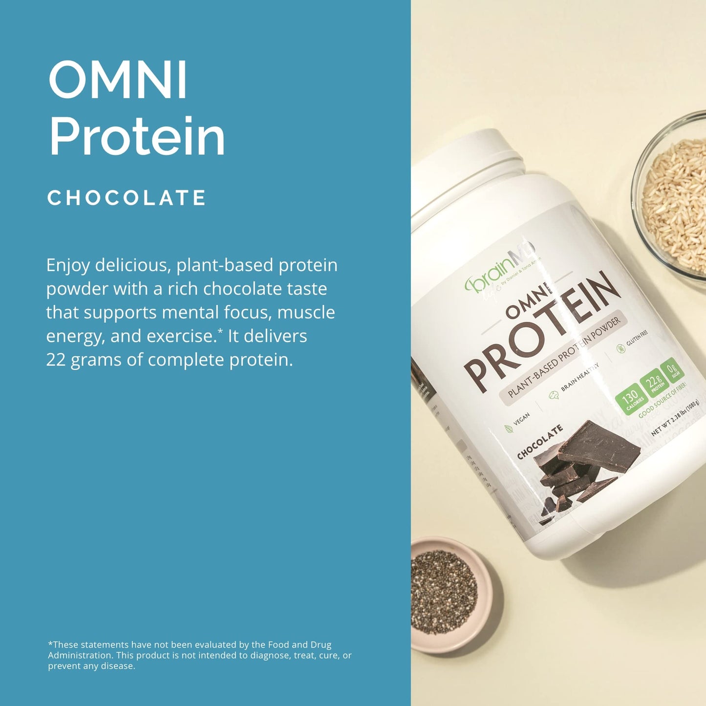BRAINMD Dr Amen Omni Protein Chocolate - 2.38 lbs - Plant-Based Protein Powder - Promotes Energy & Exercise Recovery - Vegan, Vegetarian, Sugar Free, Gluten Free - 30 Servings
