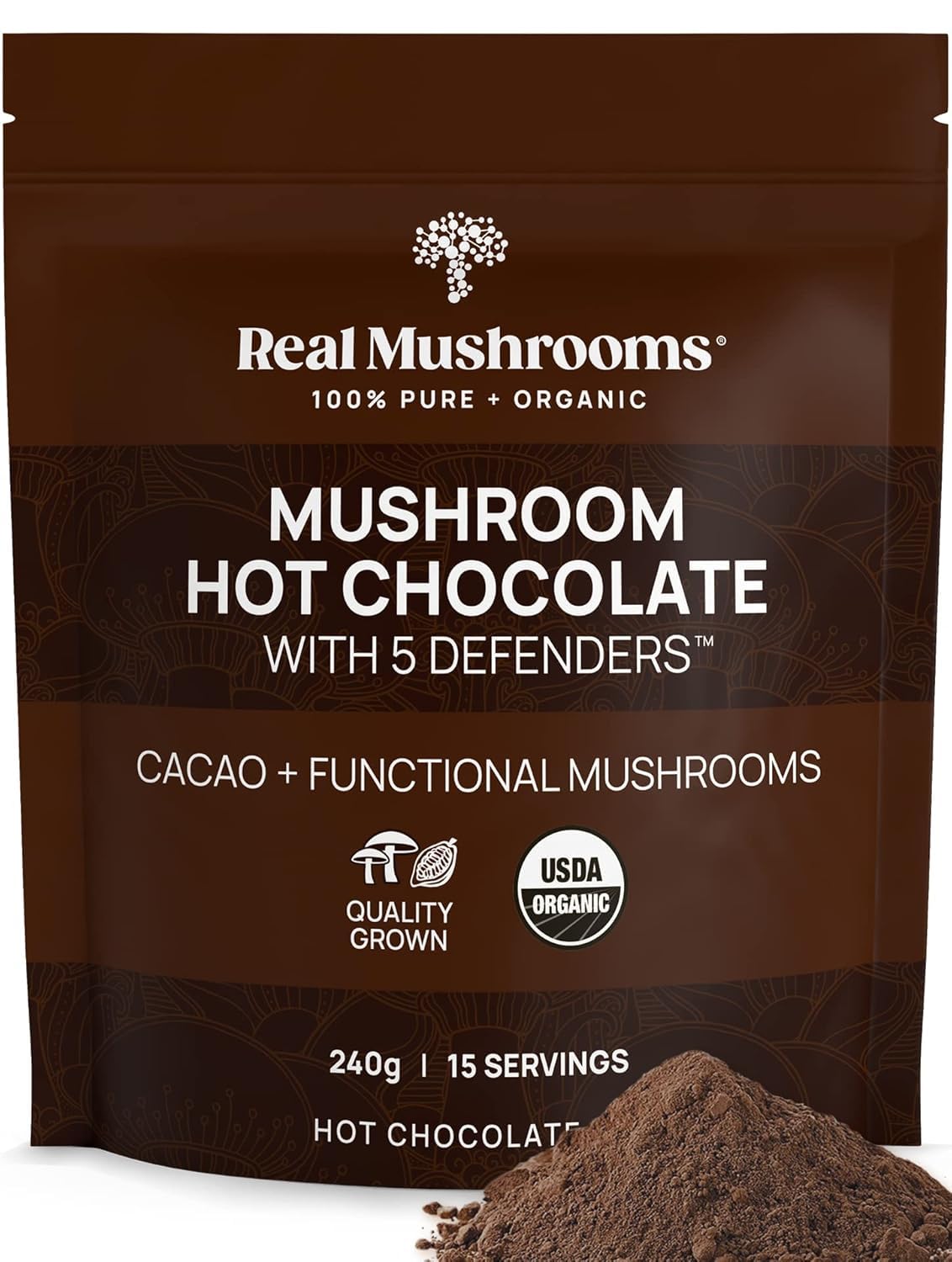 Real Mushrooms Unsweetened Organic Hot Chocolate Mix with 5 Defenders Turkey Tail, Chaga, Maitake, Shiitake, Reishi Mushroom - Cacao Powder Vegan Supplement, 15 Servings