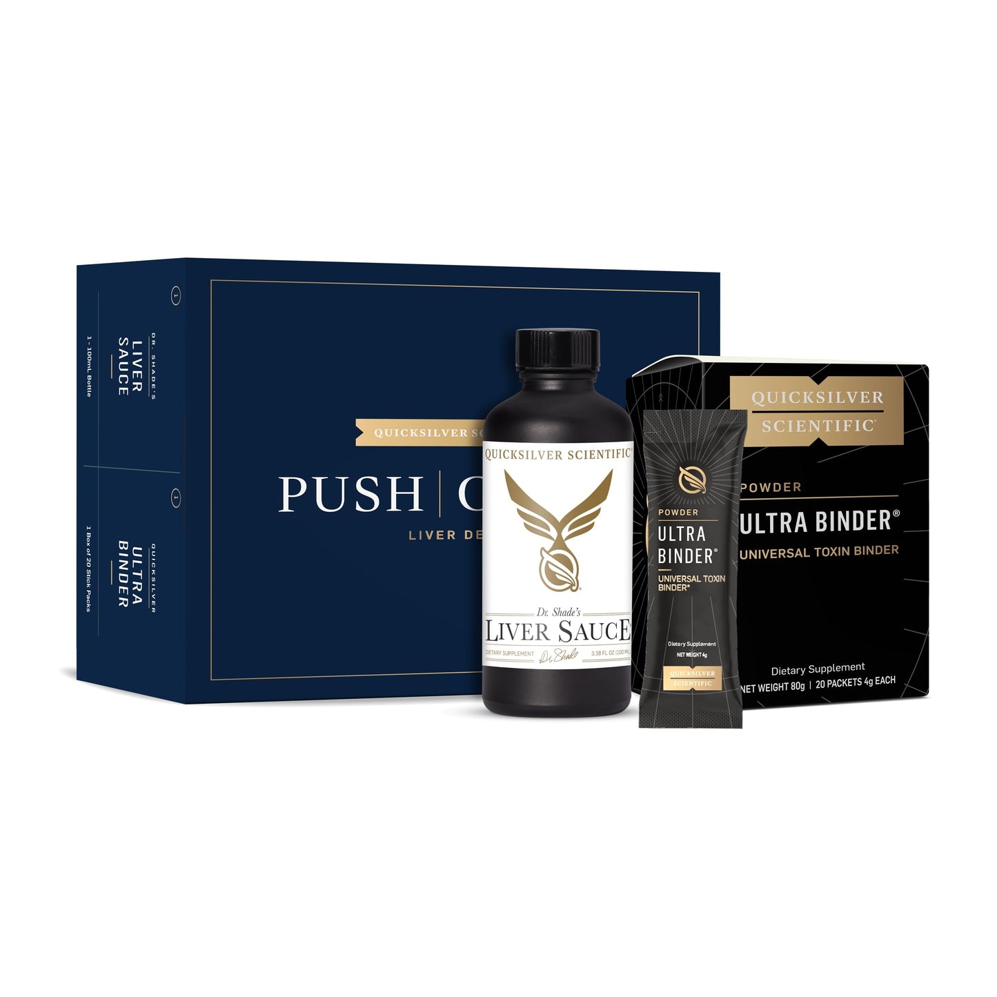 Quicksilver Scientific PushCatch Liver Detox Cleanse - 2 Piece Kit with Ultra Binder (Packets) & Liver Sauce (Liver Support Supplement with Milk Thistle Extract) to Support GI Detox & Toxin Binding
