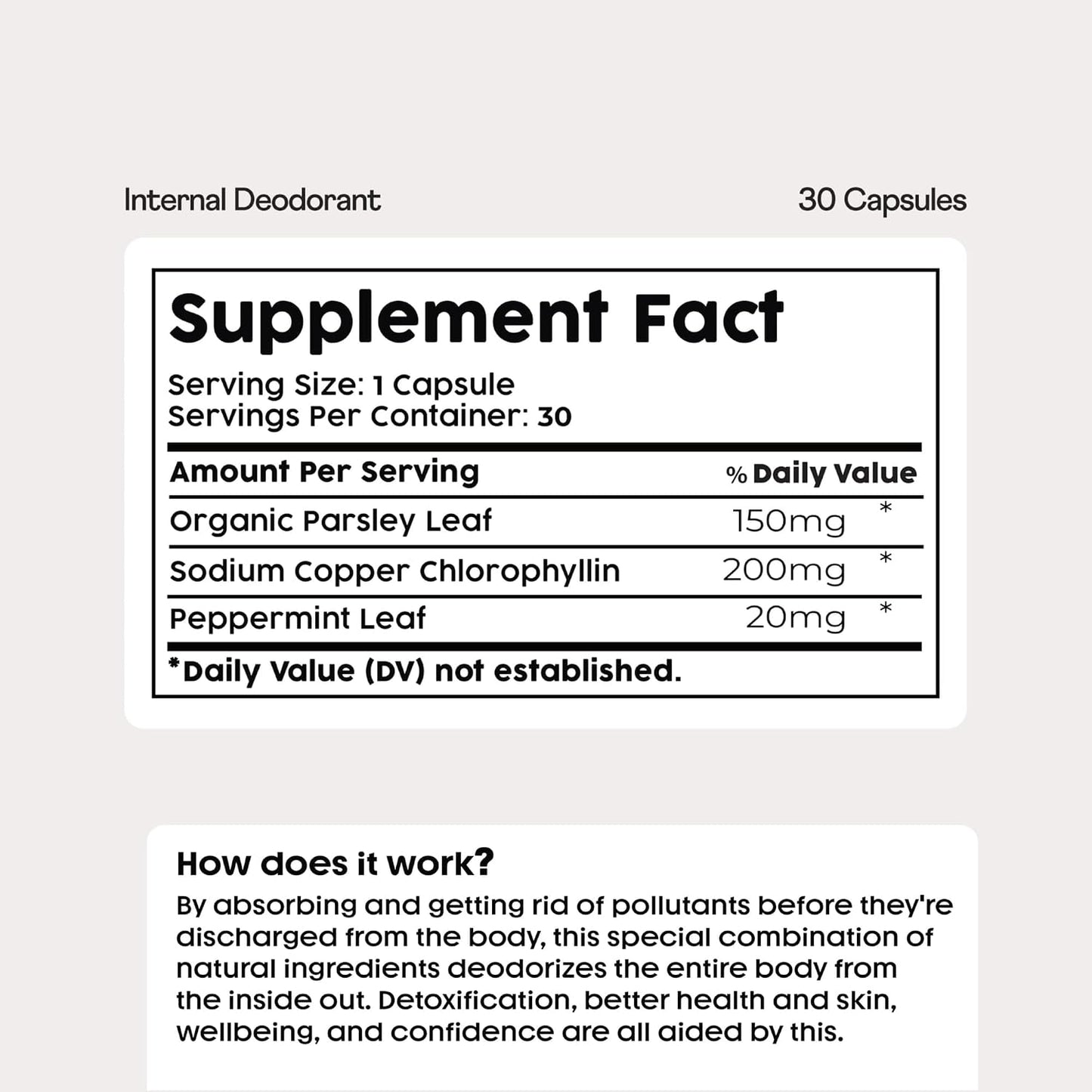 Nuray Internal Deodorant Supplement | Natural Chlorophyll 30 Capsules for Body Odor Control, Gut Health, and Fresh Breath | Vegan, Detox Support, & Skin Health | Odor Eliminator for Men & Women