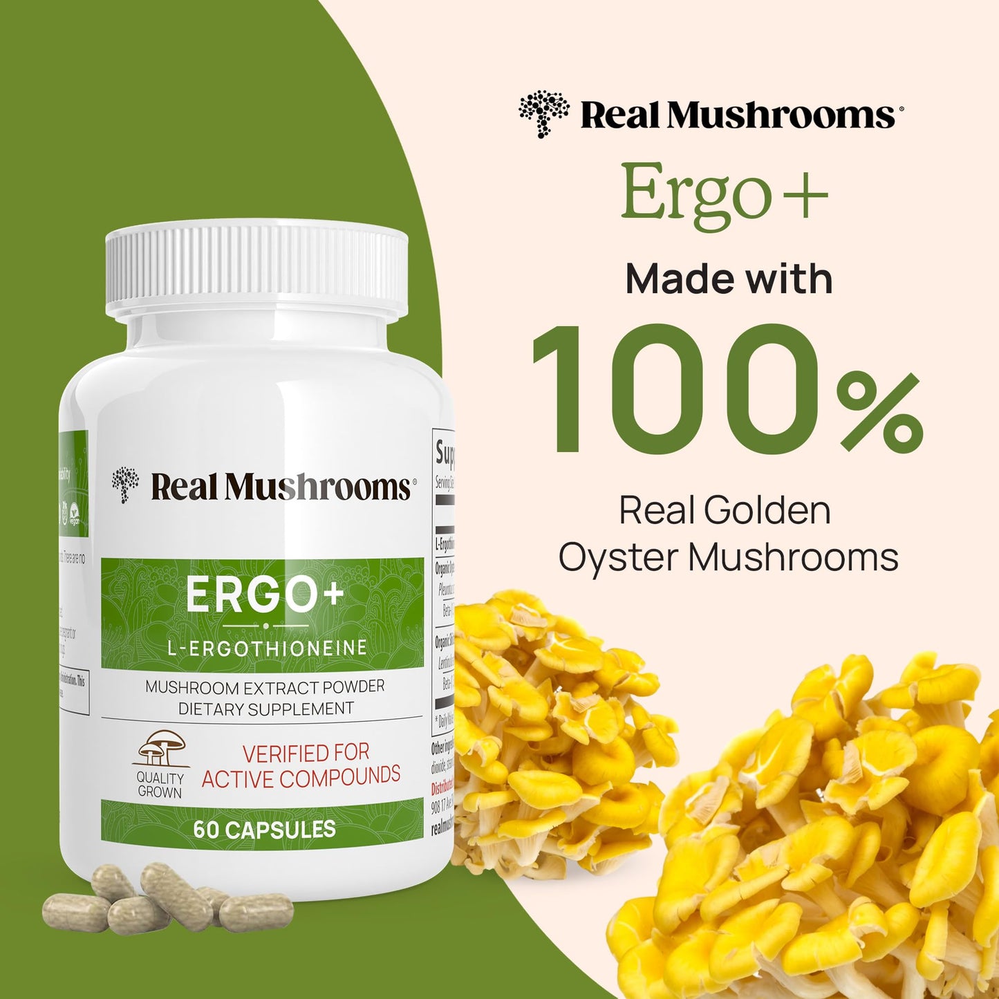 Real Mushrooms L-Ergothioneine, Golden Oyster Mushroom Extract 60ct Longevity, Immune Support Brain Supplement Blend with Beta Glucan - Organic, Vegan Supplements