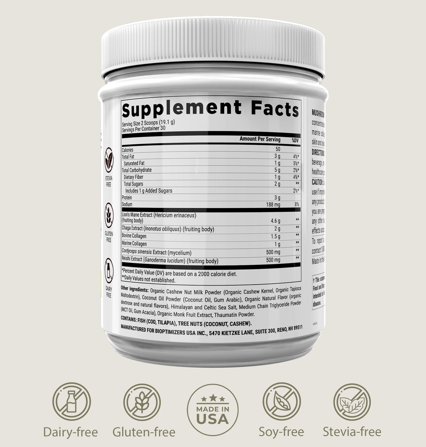 BIOptimizers Mushroom Coffee Alternative – Salted Caramel Drink – Lion’s Mane, Chaga, Reishi + Collagen Peptides for Focus, Energy & Gut Health – Adaptogenic Mushrooms & MCT Powder – 30 Servings