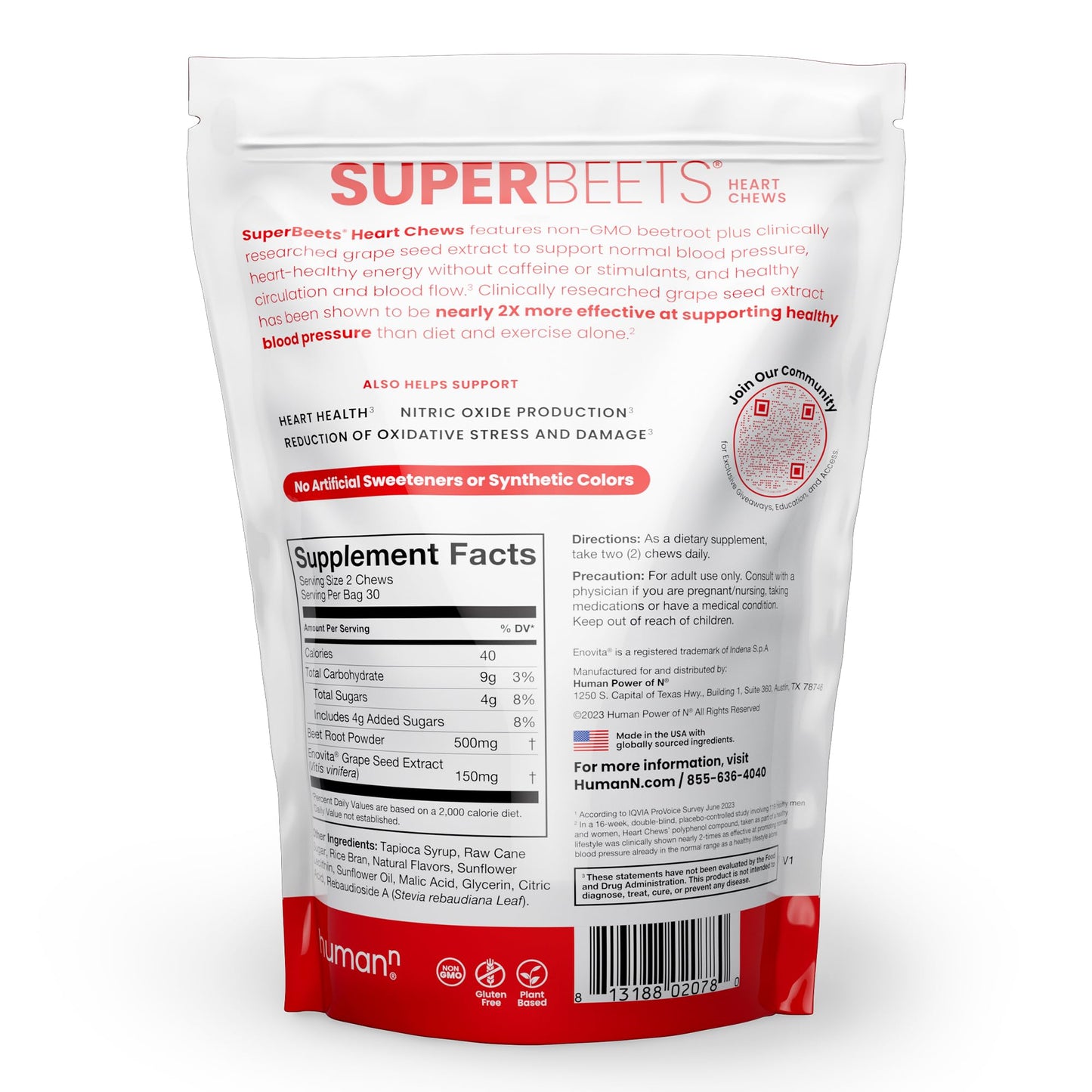 HumanN SuperBeets Heart Chews, Nitric Oxide and Blood Pressure Support, Grape Seed Extract & Non-GMO Beet Root Powder Energy, Pomegranate Berry Flavor, 180 Count