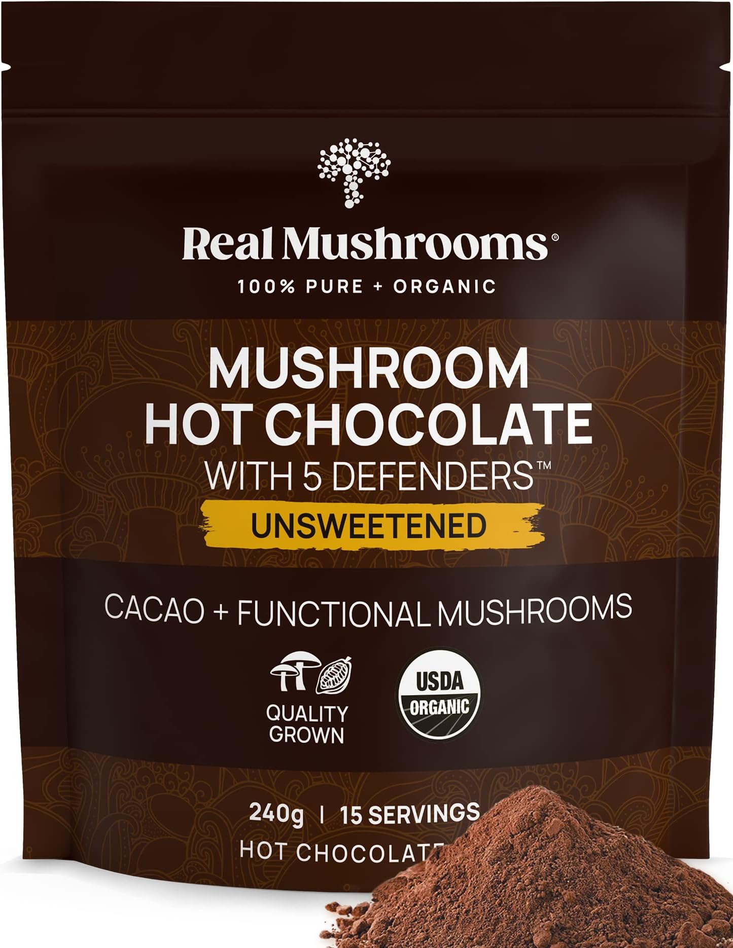 Real Mushrooms Unsweetened Organic Hot Chocolate Mix with 5 Defenders Turkey Tail, Chaga, Maitake, Shiitake, Reishi Mushroom - Cacao Powder Vegan Supplement, 15 Servings