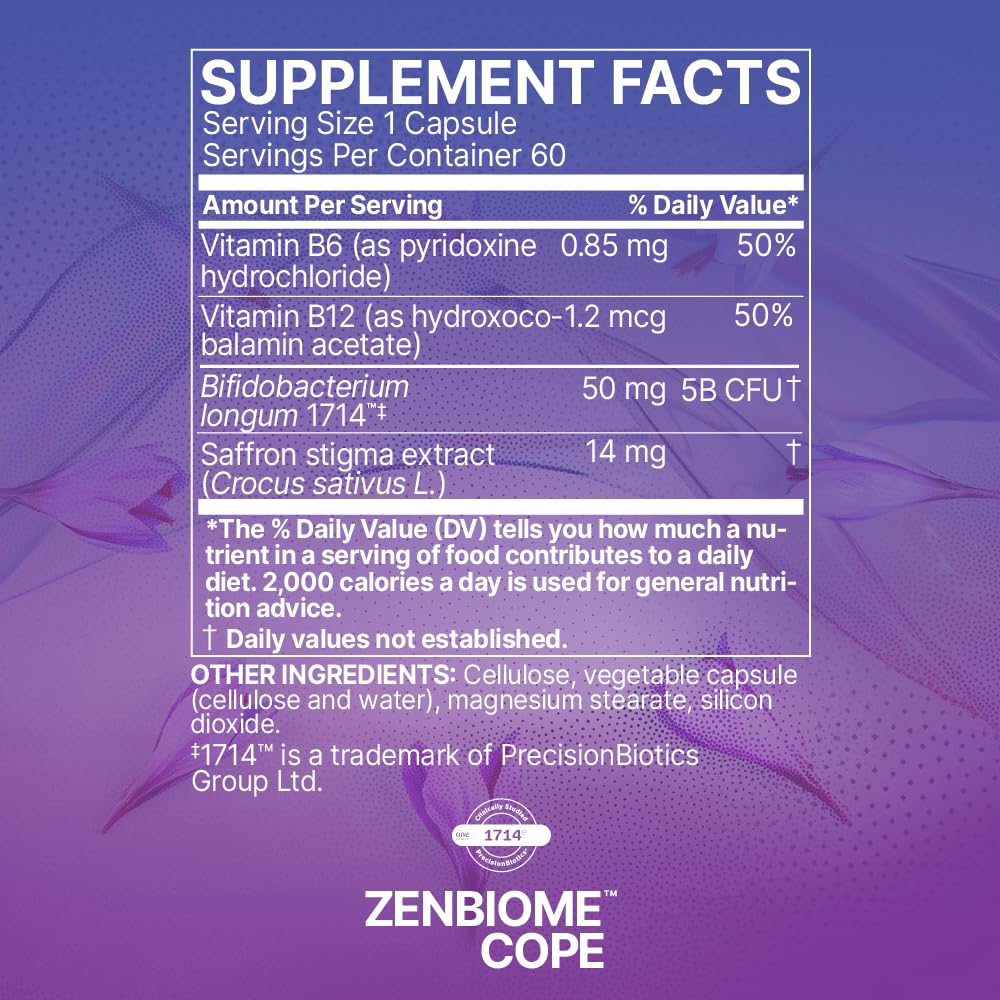 Microbiome Labs Zenbiome COPE - Probiotic Mood Support Supplement with Vitamin B6, B12 & Saffron Extract - Promotes Better Occasional Stress Coping (60 Capsules)