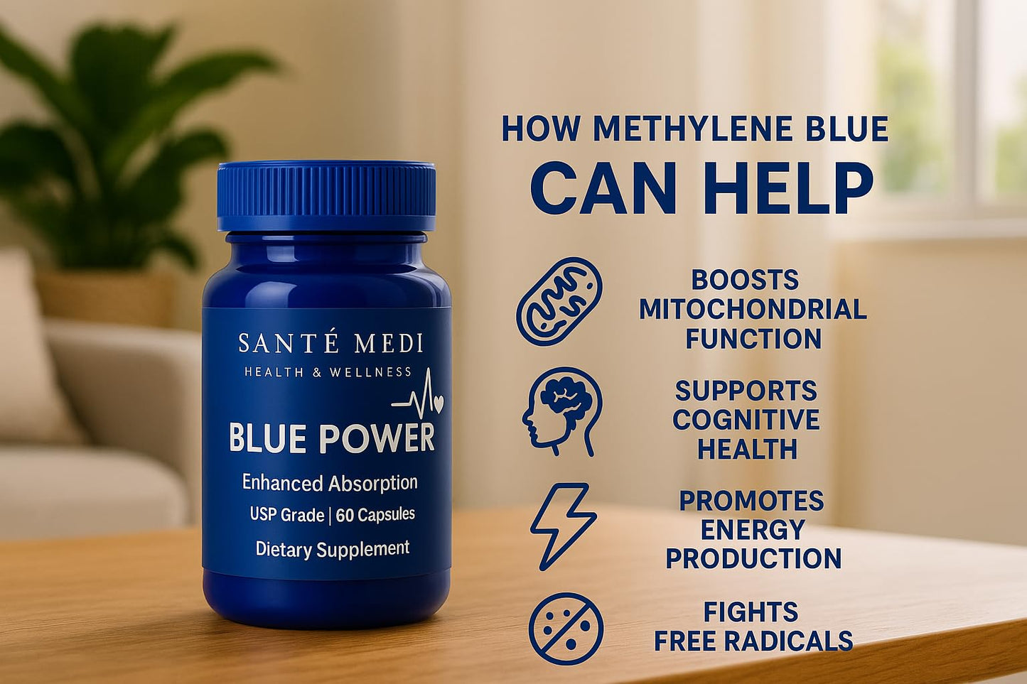 Sante Medi Blue Power - Methylene Blue (USP Grade) Pharma Grade - 60 Capsules
