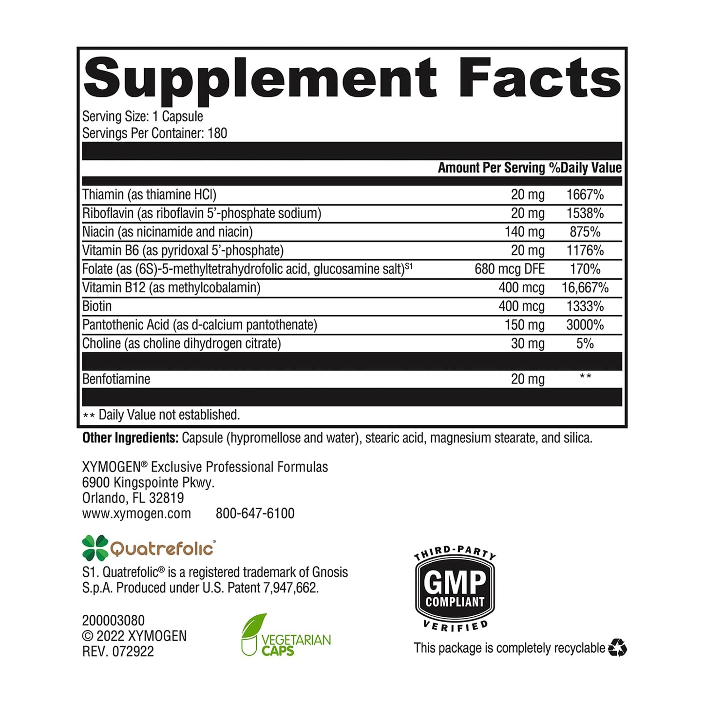 XYMOGEN B Activ Vitamin B Complex with Benfotiamine, Methylfolate, Biotin, Vitamin B6 - Energy Supplements Vitamin B12 (Methylcobalamin b12) - Adrenal Support + Mood Support Supplement (180 Capsules)