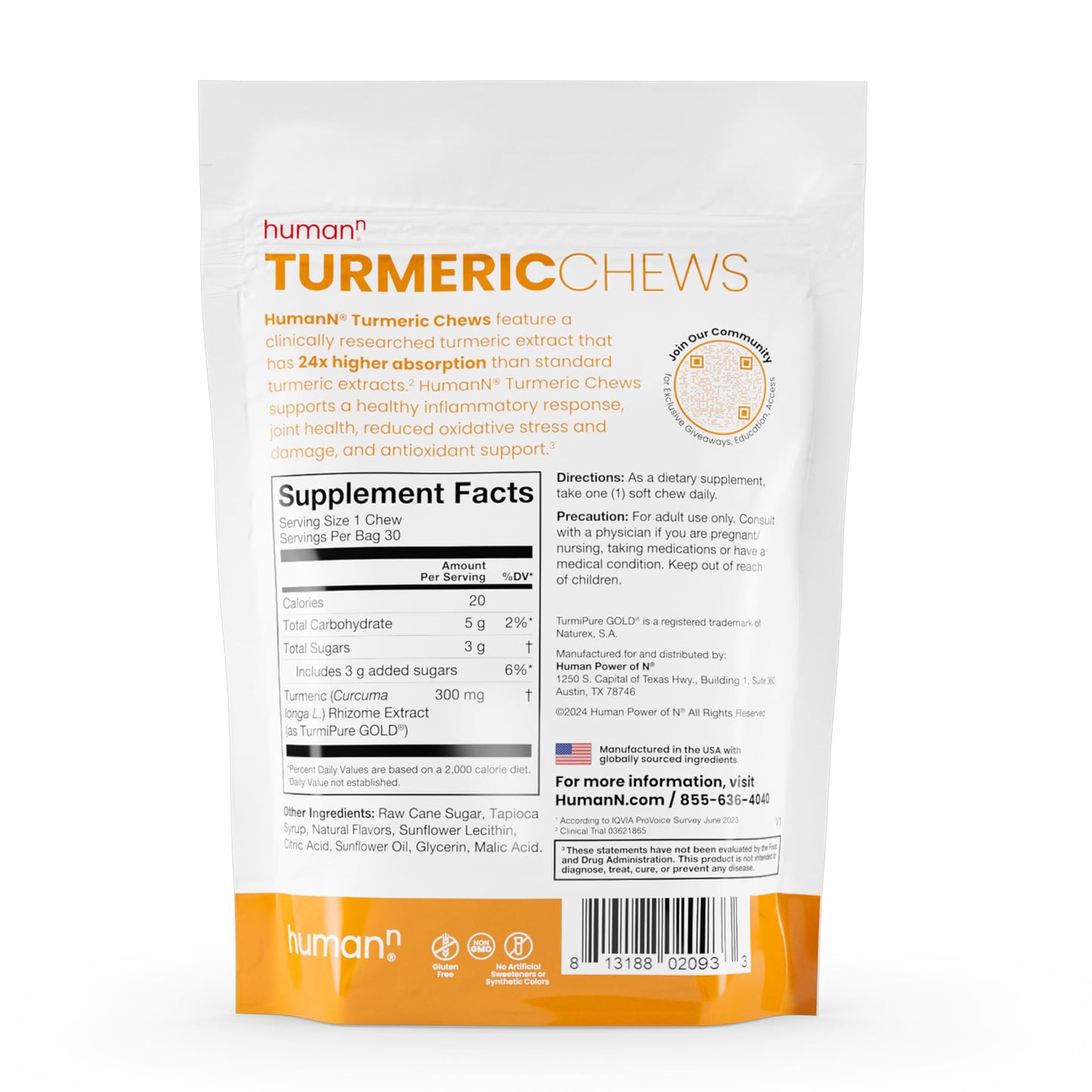 HumanN Turmeric Chews Supplement – Clinically Studied High Absorption Curcumin Complex - Orange Citrus Flavor – from SuperBeets Makers – Joint Health – 30 Count