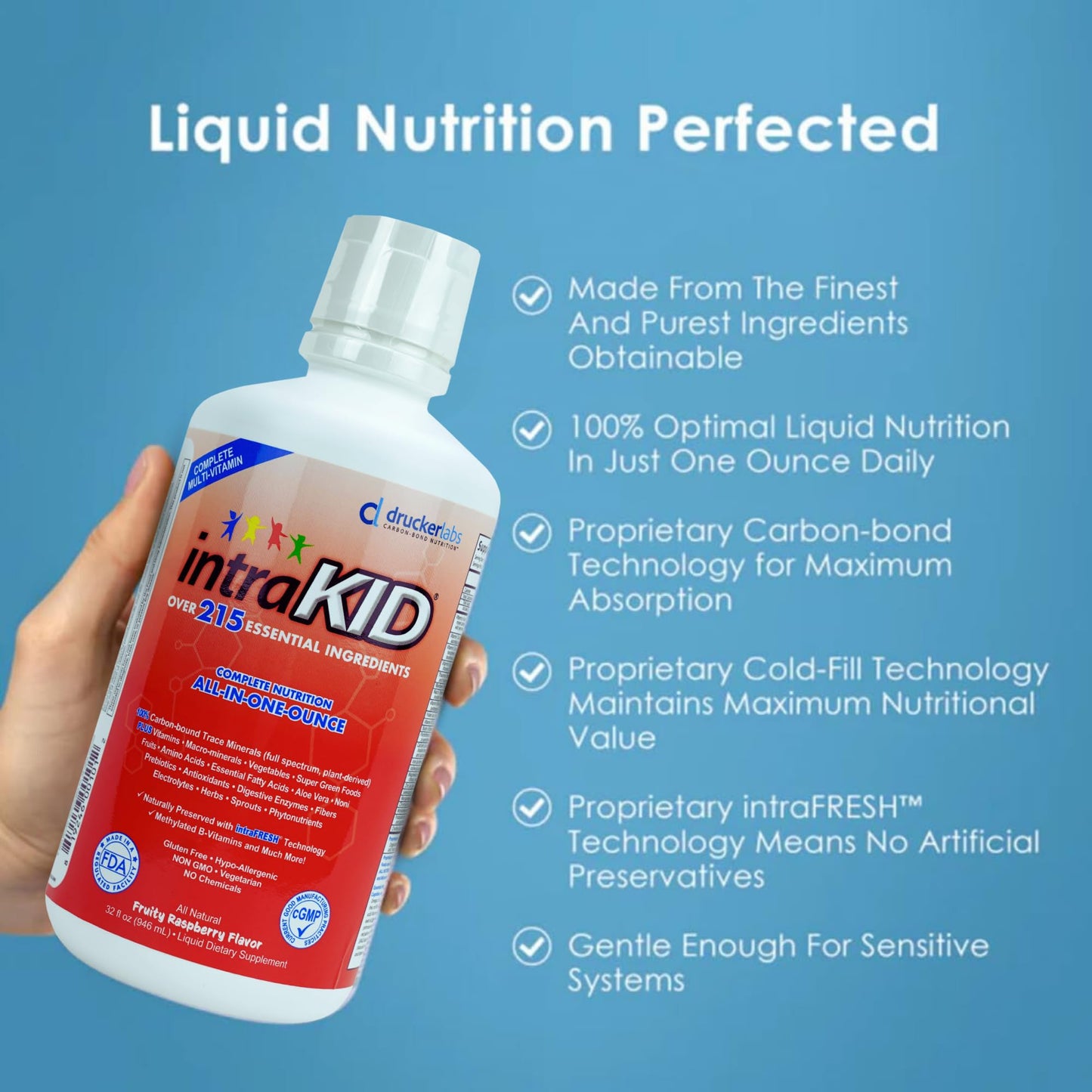intraKID DRUCKER Labs 2.0 Organic Liquid Trace Minerals, Liquid Multivitamin for Kids, Immune Support, Non GMO, Dairy Free, Gluten Free, Magnesium, Vitamin D, C, E, Zinc, (32 oz., Fruity Raspberry)