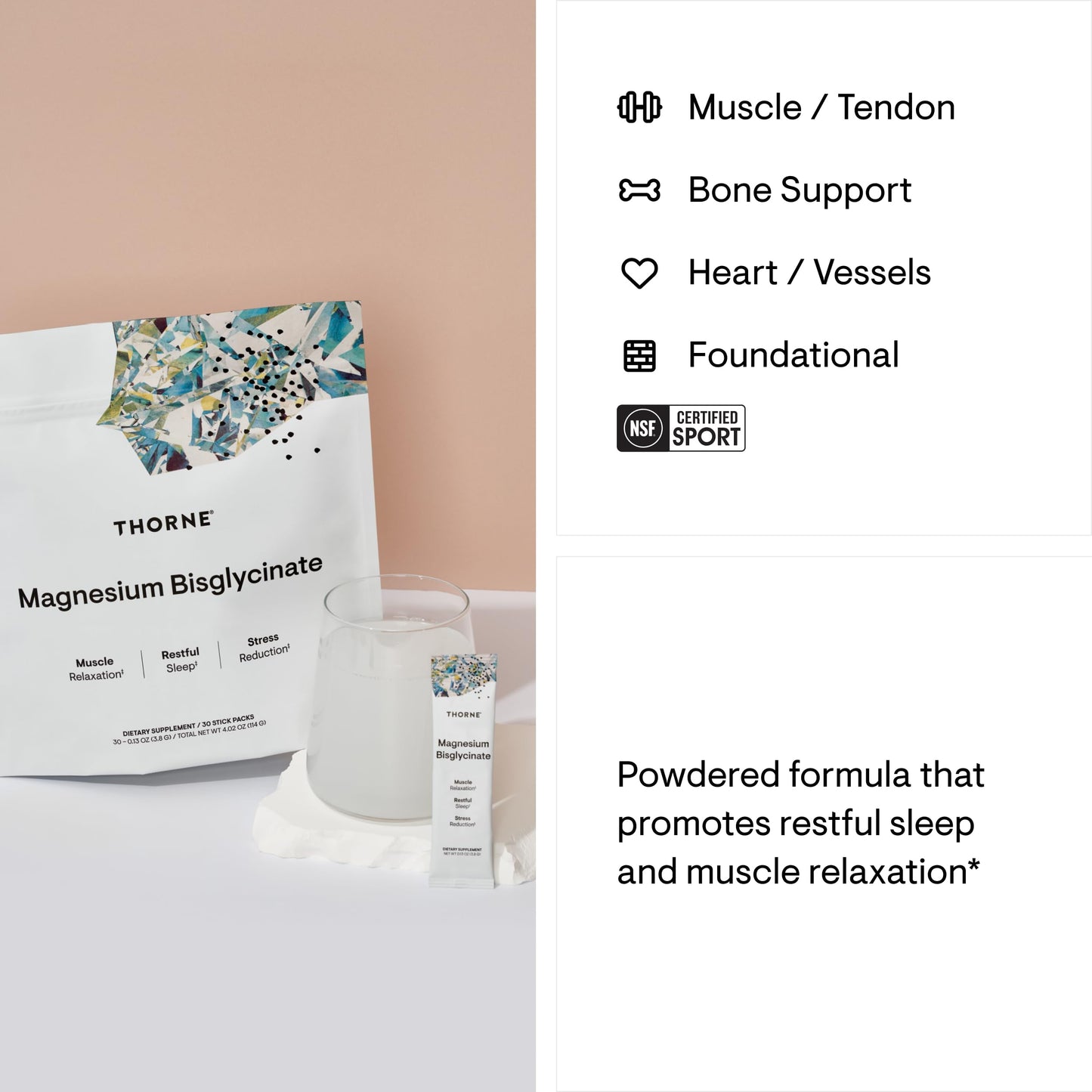 THORNE - Magnesium Bisglycinate - Powdered Magnesium Formula - Support Restful Sleep, Muscle Relaxation, Heart Health, and Metabolism* - NSF Certified for Sport - 30 Servings - 0.13 Oz per Stick Pack