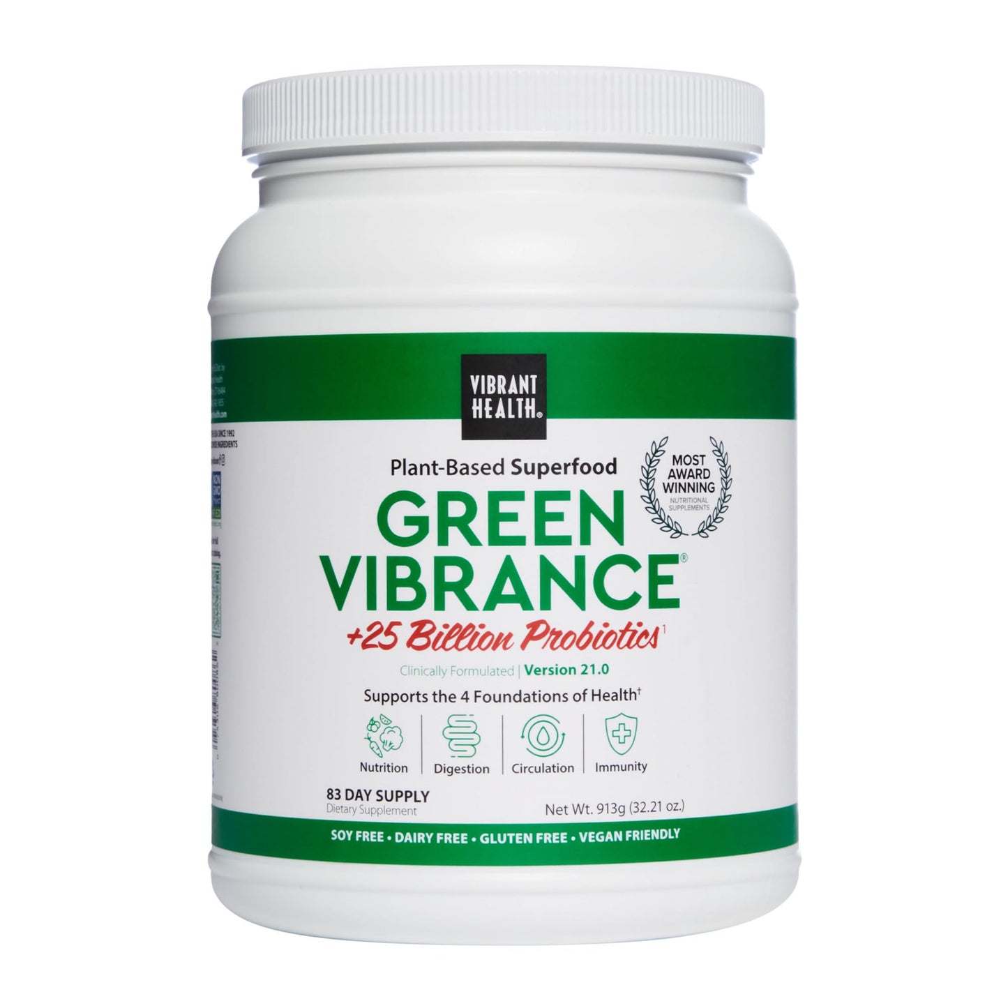 Vibrant Health, Green Vibrance, Includes 65 Plant-Based Superfoods, 25 Billion Probiotics, Fiber, Adaptogens & Enzymes, 83 Servings (FFP)