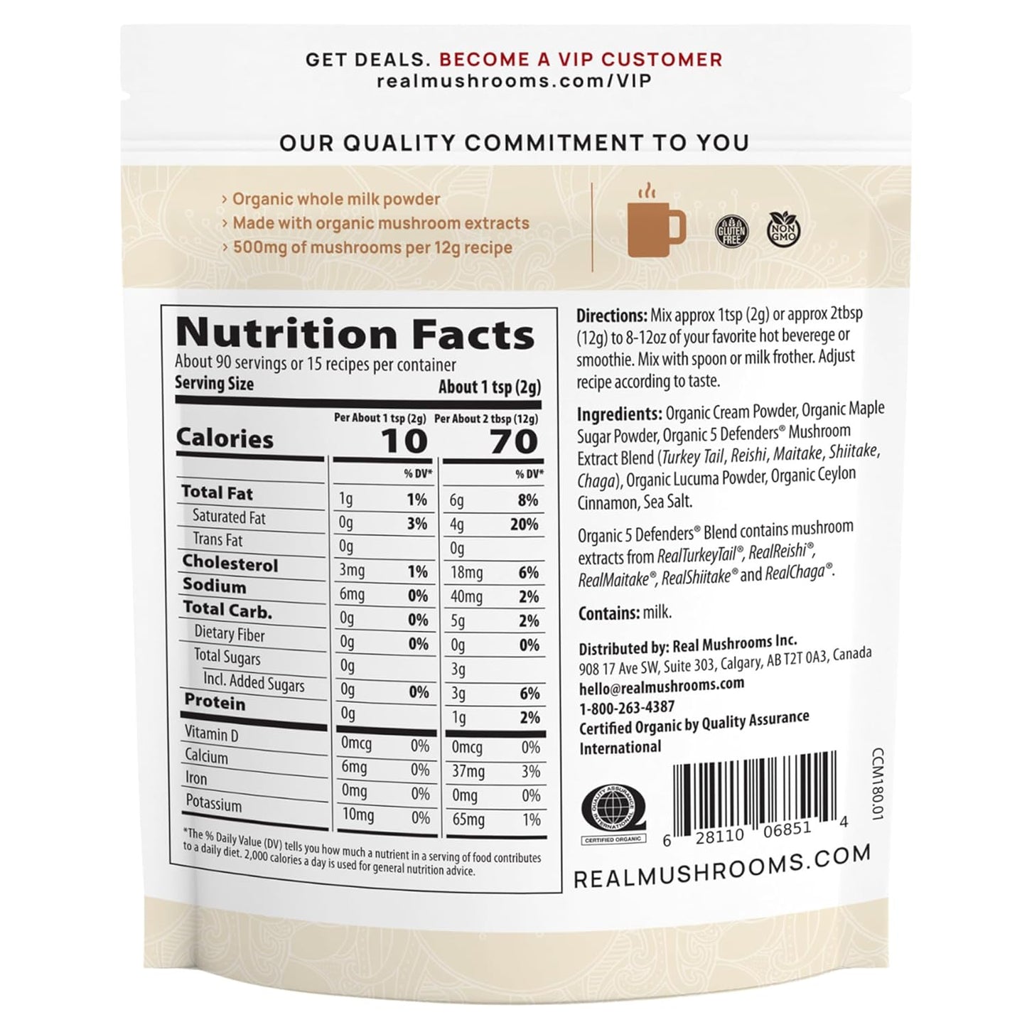 Real Mushrooms Functional Dairy Creamer - Coffee with Mushroom Extracts, Sweetened by Organic Lucuma Powder Maple Sap Powdered for Smoothies 90 Servings