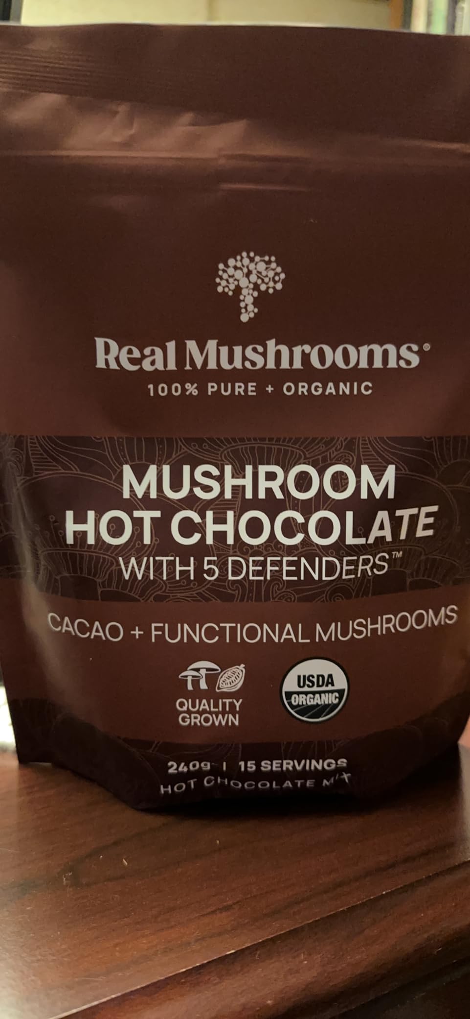 Real Mushrooms Unsweetened Organic Hot Chocolate Mix with 5 Defenders Turkey Tail, Chaga, Maitake, Shiitake, Reishi Mushroom - Cacao Powder Vegan Supplement, 15 Servings