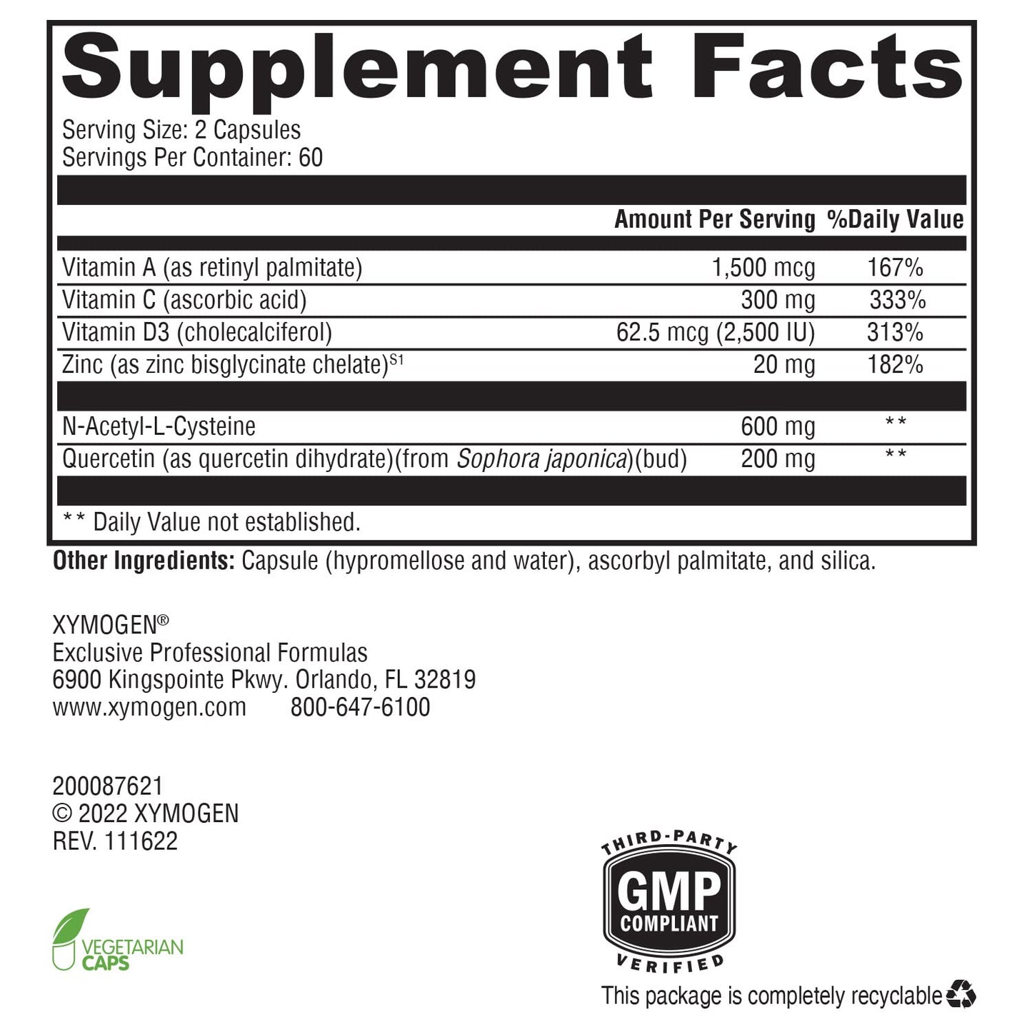 XYMOGEN Immune Essentials Daily - Long-Term Immune Support Supplement with Vitamin D3, Vitamin C Ascorbic Acid, Vitamin A, N Acetyl L Cysteine, Zinc Chelate, Quercetin (120 Capsules)