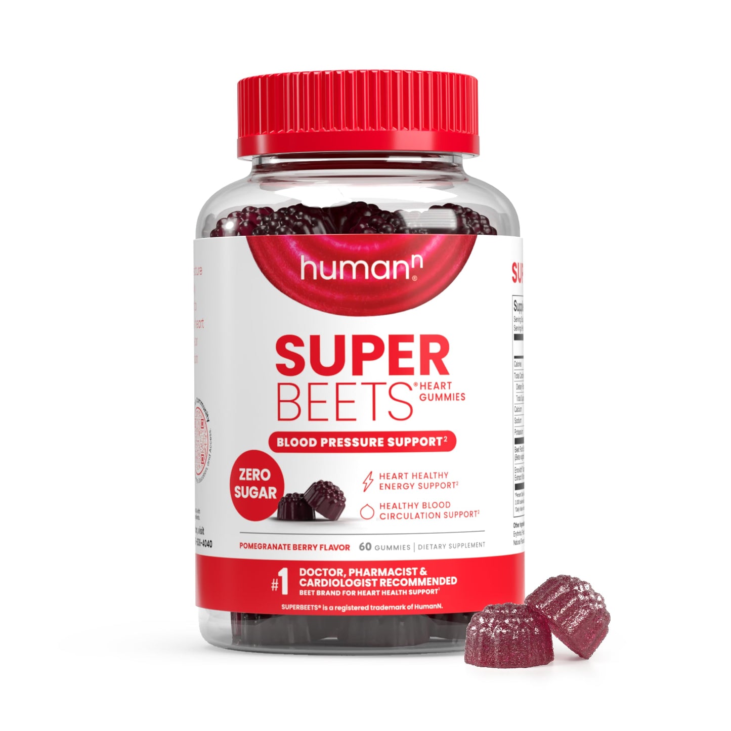 HumanN SuperBeets Heart Gummies - Beet Gummy with Energy Support, Grape Seed Extract & Beetroot Powder, Sugar Free - Pomegranate Berry Flavor, 60 Count