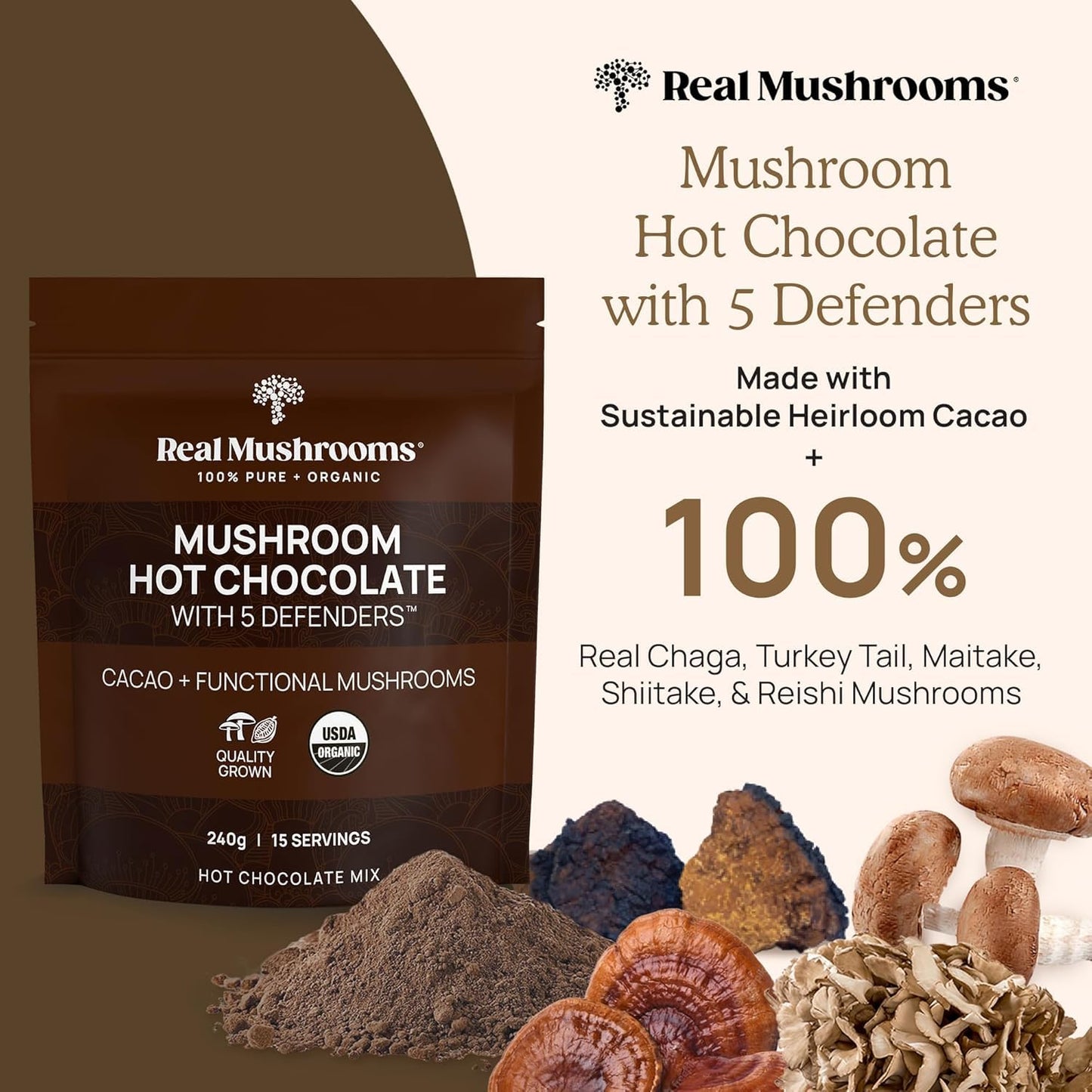Real Mushrooms Unsweetened Organic Hot Chocolate Mix with 5 Defenders Turkey Tail, Chaga, Maitake, Shiitake, Reishi Mushroom - Cacao Powder Vegan Supplement, 15 Servings