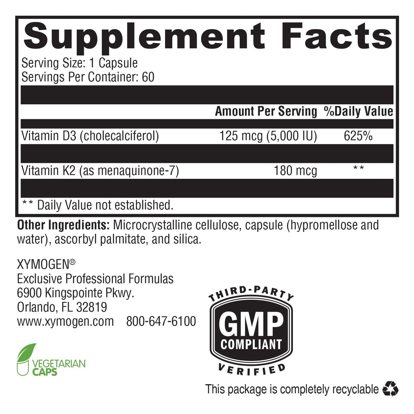 XYMOGEN K2-D3 Max - Vitamin D3 K2 with 180mcg VIT K Per Capsule - Bioavailable Vitamin D 5000 IU (Cholecalciferol) with Vitamin K2 MK-7 - Bone Health + Immune Support Supplement (60 Capsules)