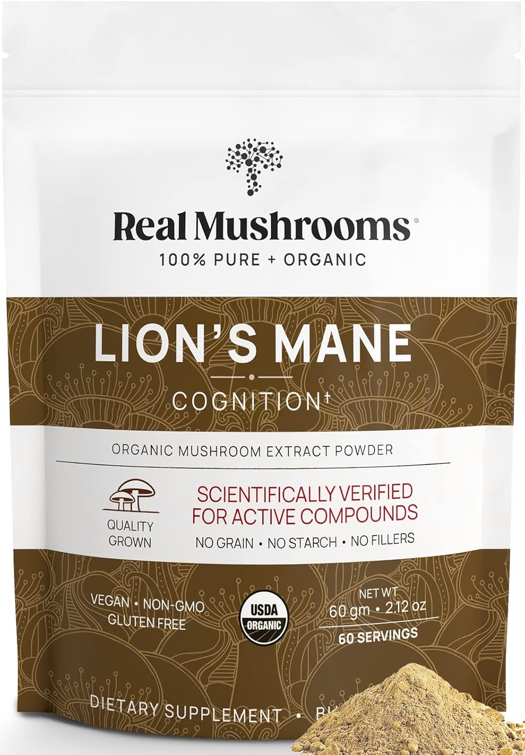 Real Mushrooms Lions Mane Powder - Organic Mushroom Extract for Cognitive Function Immune Support Brain Supplements Memory and Focus Vegan Supplement, 150 Servings