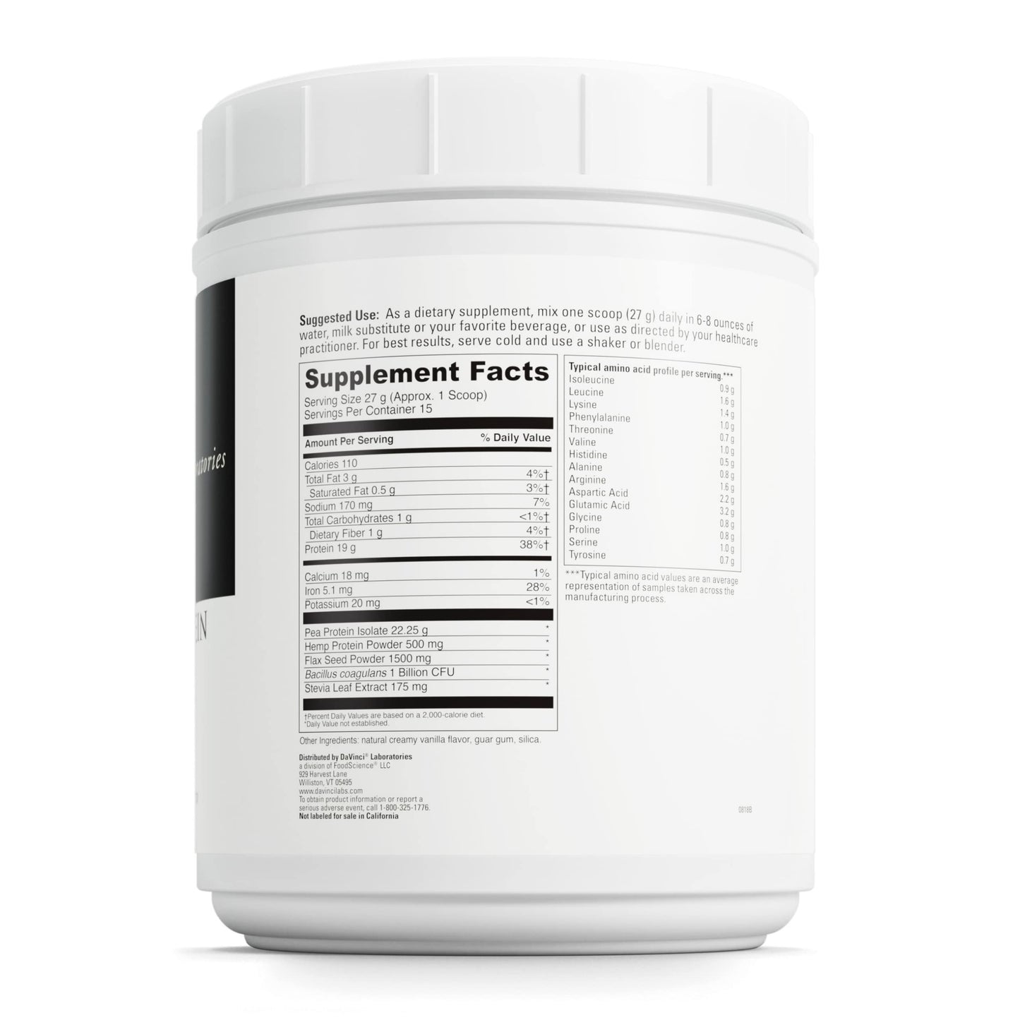 DaVinci Labs Vegan Protein - Protein Powder Supplement Supports Muscle & Tissue Repair* - Vegan Protein Supplement with Pea Protein & Flax Seed - Creamy Vanilla, 15 Servings (405 g)