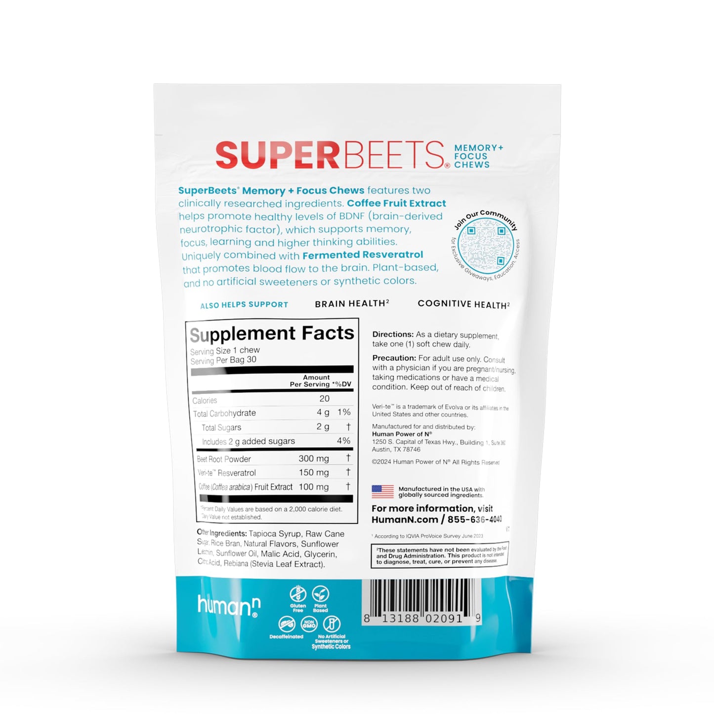 HumanN SuperBeets Brain Supplements for Memory and Focus Chews, Mental Alertness, Clinically Studied Nootropics, Resveratrol Supplement Plus Beet Root Powder, Blueberry Pomegranate Flavor, 30 Count