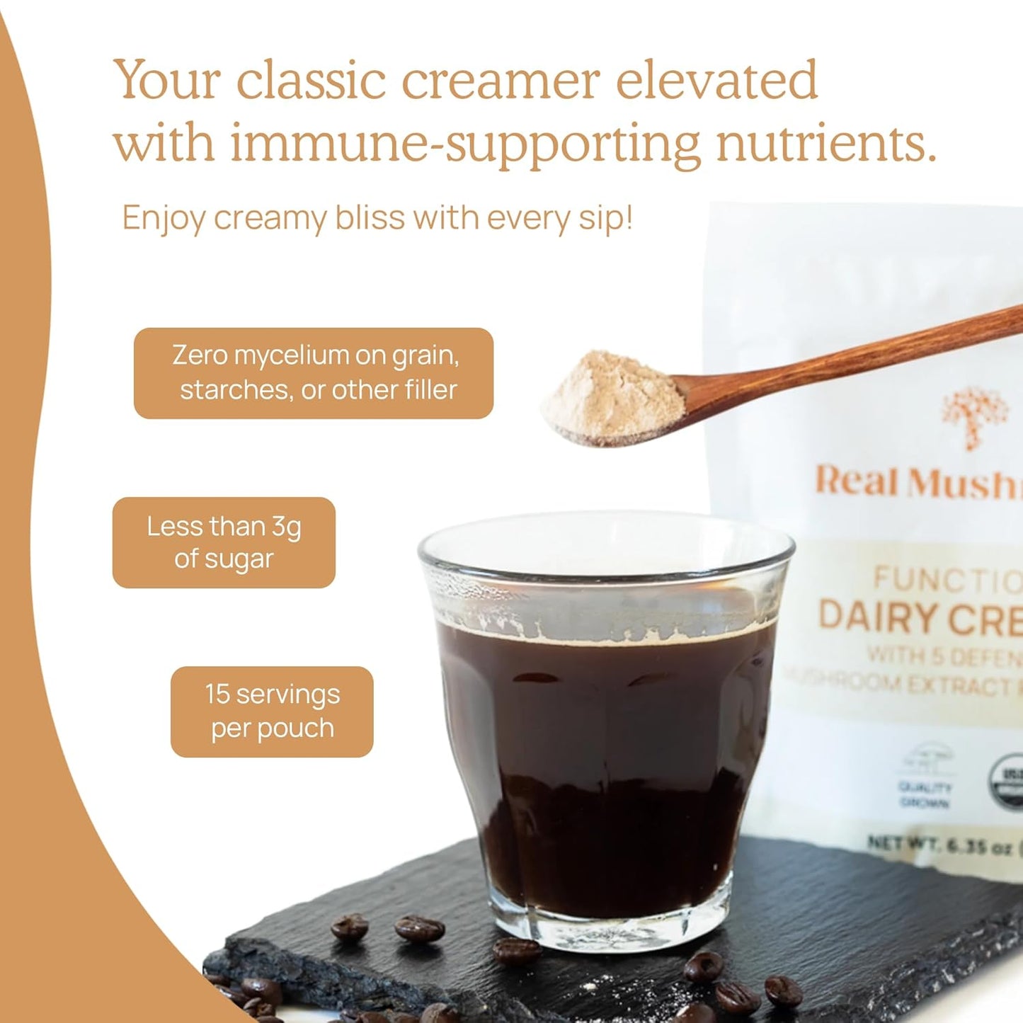 Real Mushrooms Functional Dairy Creamer - Coffee with Mushroom Extracts, Sweetened by Organic Lucuma Powder Maple Sap Powdered for Smoothies 90 Servings