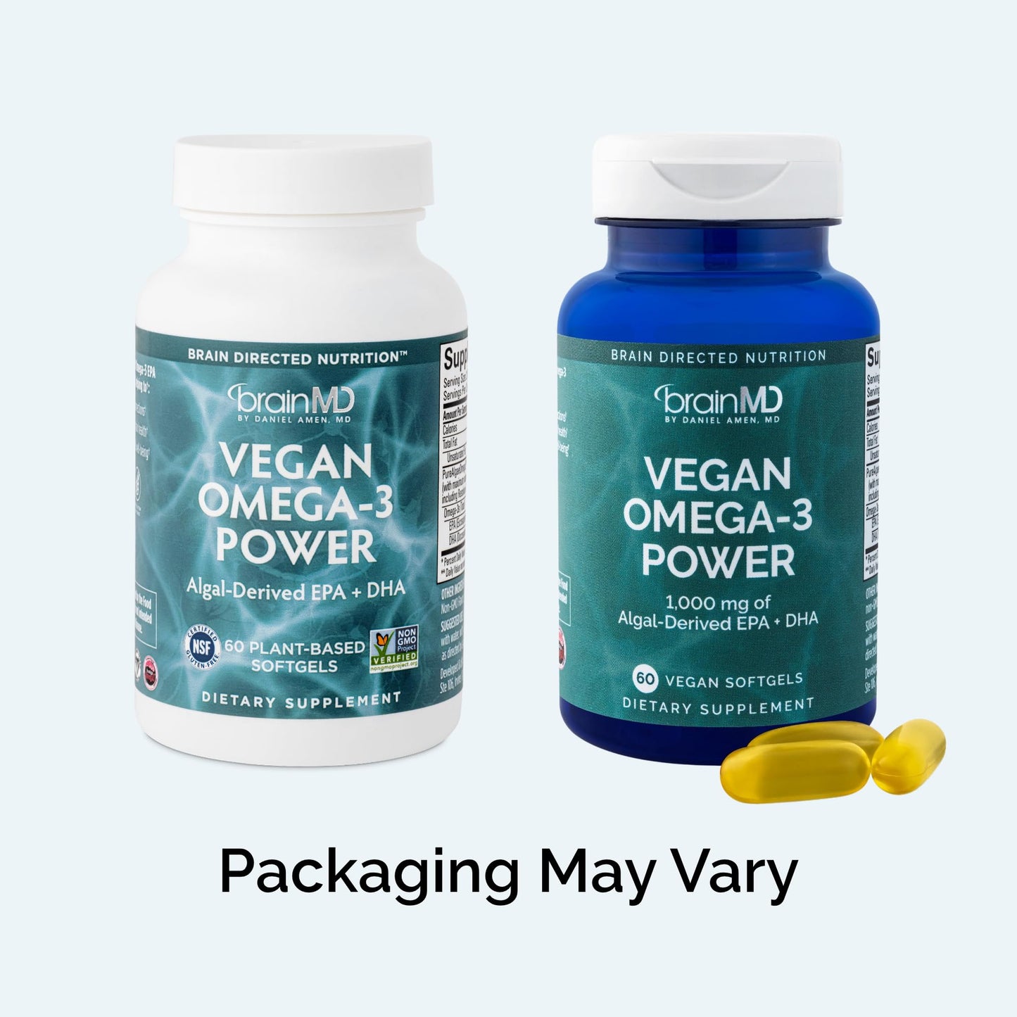 BRAINMD Dr Amen Vegan Omega-3 Power - 60 Plant-Based Softgels - 1,100 mg of EPA & DHA - Supports Focus, Memory & Heart Health - Vegan, Gluten Free & Non-GMO - 30 Servings