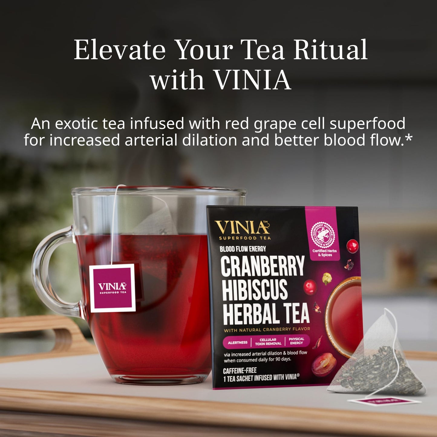 VINIA Cranberry Hibiscus Herbal Tea Bags, Made with Organic Herbal Tea, Infused with Piceid Resveratrol for Heart Health, Nitric Oxide, Physical Energy, Alertness, Blood Flow, Keto, NON-GMO. (30)