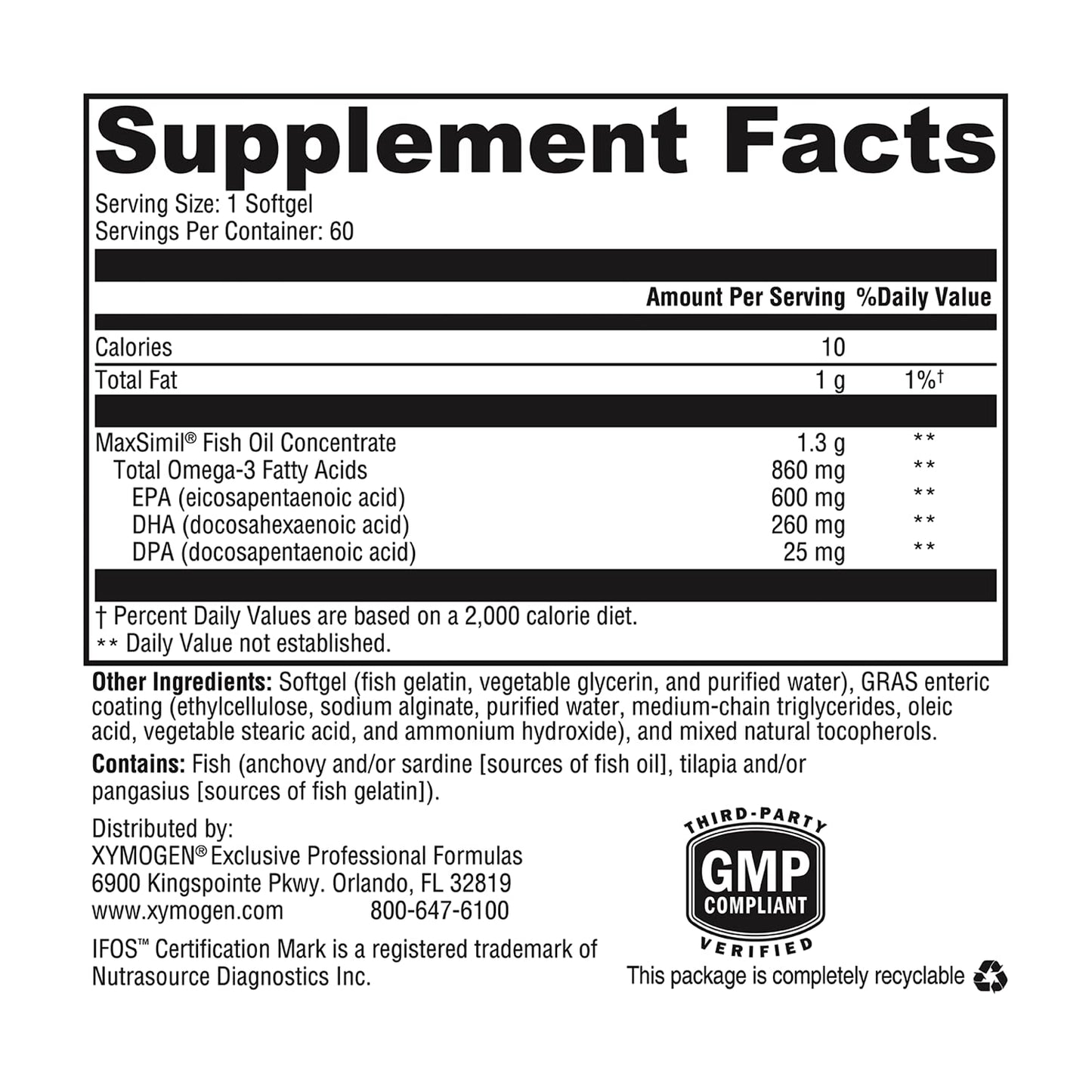 XYMOGEN Omega MonoPure 1300 EC - Fish Oil with 3X Greater Absorption - DHA EPA Omega 3 Supplement for Heart Health + Cognitive Support (60 Softgels)