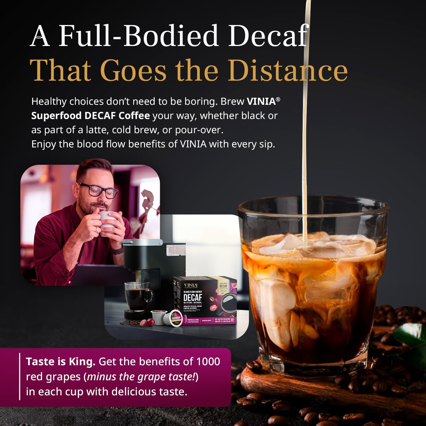 VINIA Blood Flow DECAF Coffee - Medium Roast Superfood Coffee Pods, Swiss Water Process Powered by Red Grape Piceid Resveratrol Boost Energy Keurig Compatible K-Cup Coffee Pods, Caffeine Free, 30 Ct