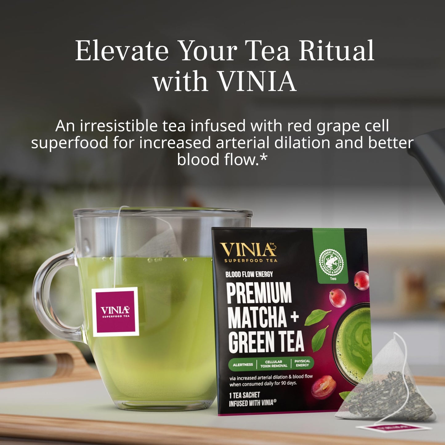 VINIA Premium Matcha + Green Tea Bags, Made with Organic Tea, Infused with Piceid Resveratrol for Heart Health, Nitric Oxide, Physical Energy, Alertness, Blood Flow, Keto, Kosher, NON-GMO. 30 Ct