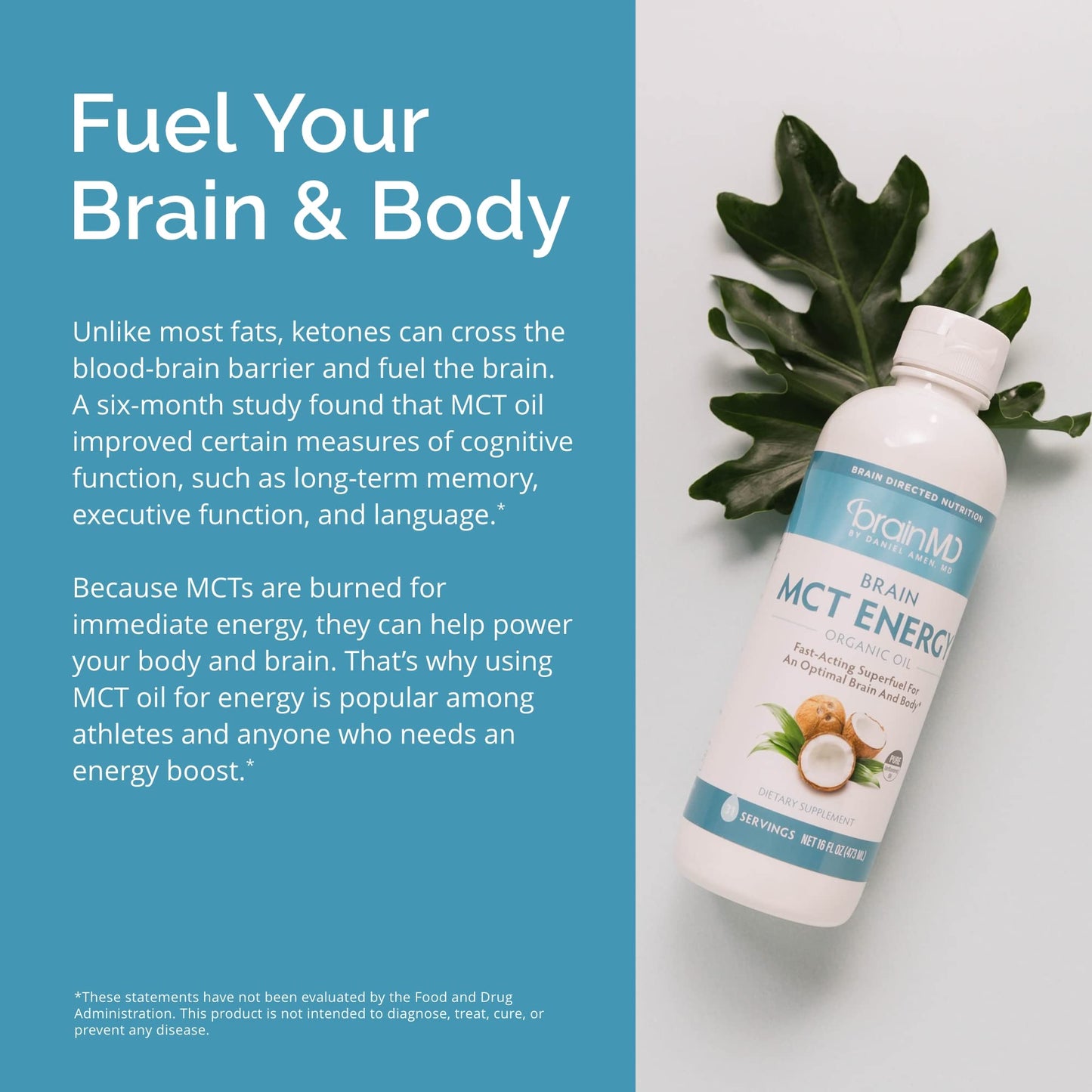 Dr Amen BrainMD Brain MCT Energy - 16 fl oz - Energy Support for Brain & Body - Improves Focus & Satiety - Clean & Fast Acting - Gluten Free - 31 Servings
