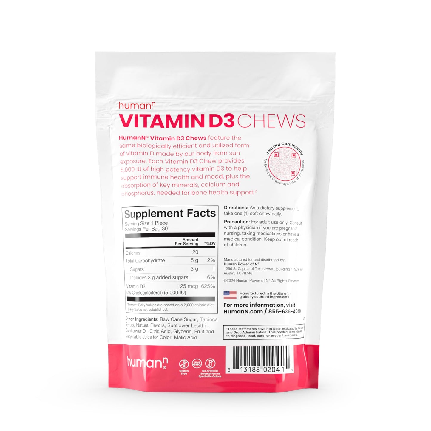 HumanN Vitamin D3 Chews - High Potency Vitamin D 5000iu (125mcg) Helps Support Healthy Mood, Immunity, Respiratory Health & Bone Health, Mixed Berry Flavor, 30-Count
