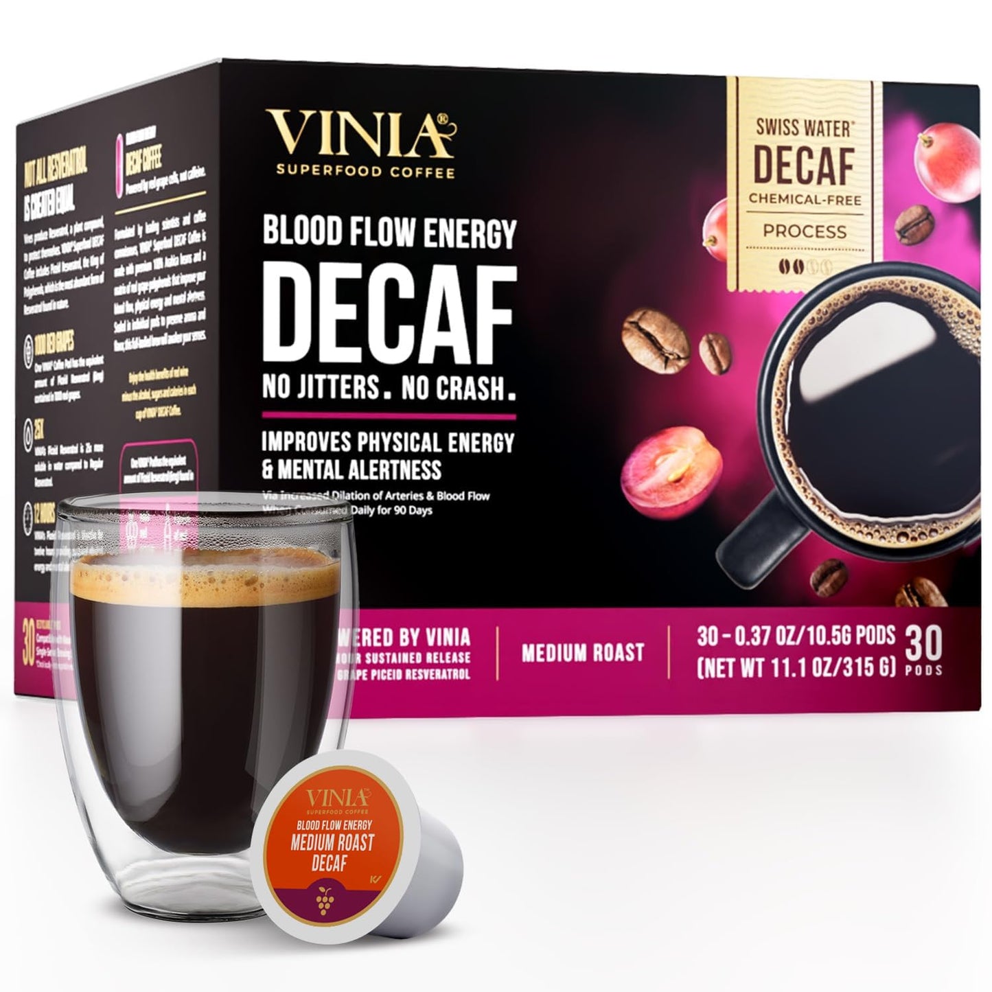VINIA Blood Flow DECAF Coffee - Medium Roast Superfood Coffee Pods, Swiss Water Process Powered by Red Grape Piceid Resveratrol Boost Energy Keurig Compatible K-Cup Coffee Pods, Caffeine Free, 30 Ct