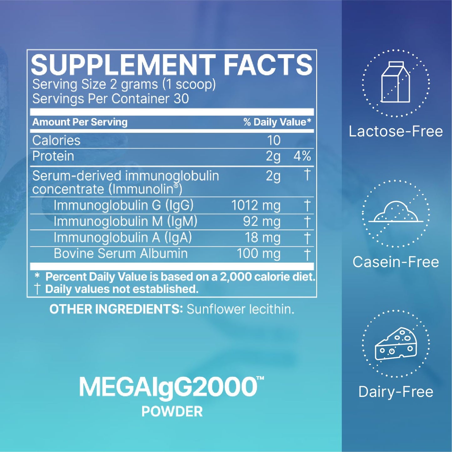 Microbiome Labs Mega IgG2000 Gut Health Powder for Women, Men & Kids 2+ - IgG Immunoglobulin Supplement for Digestive Health Support - Dairy-Free Bovine Colostrum Supplement Alternative (2.1 Ounces)
