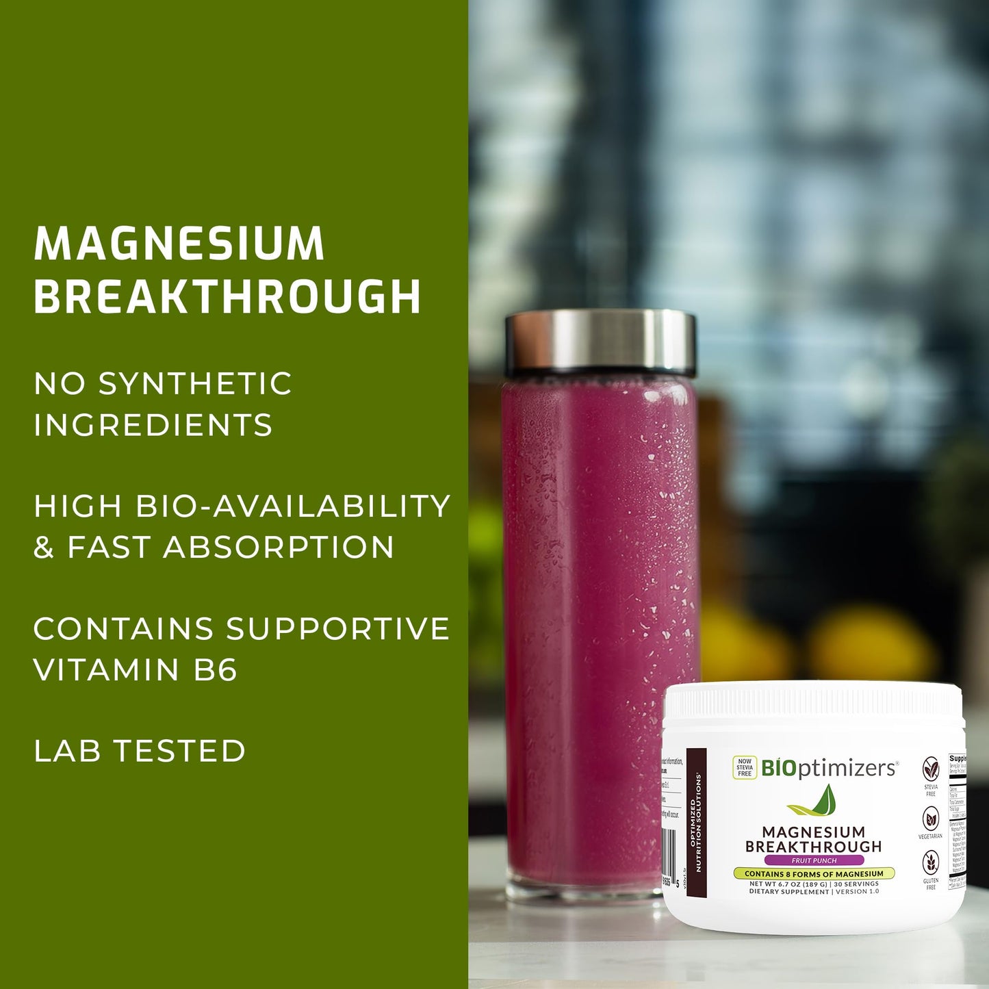 BIOptimizers Magnesium Breakthrough Drink Fruit Punch - 8 Forms of Magnesium: Glycinate, Malate, Citrate, and More - Natural Sleep and Brain Supplement – 5.4 oz (30 Servings)
