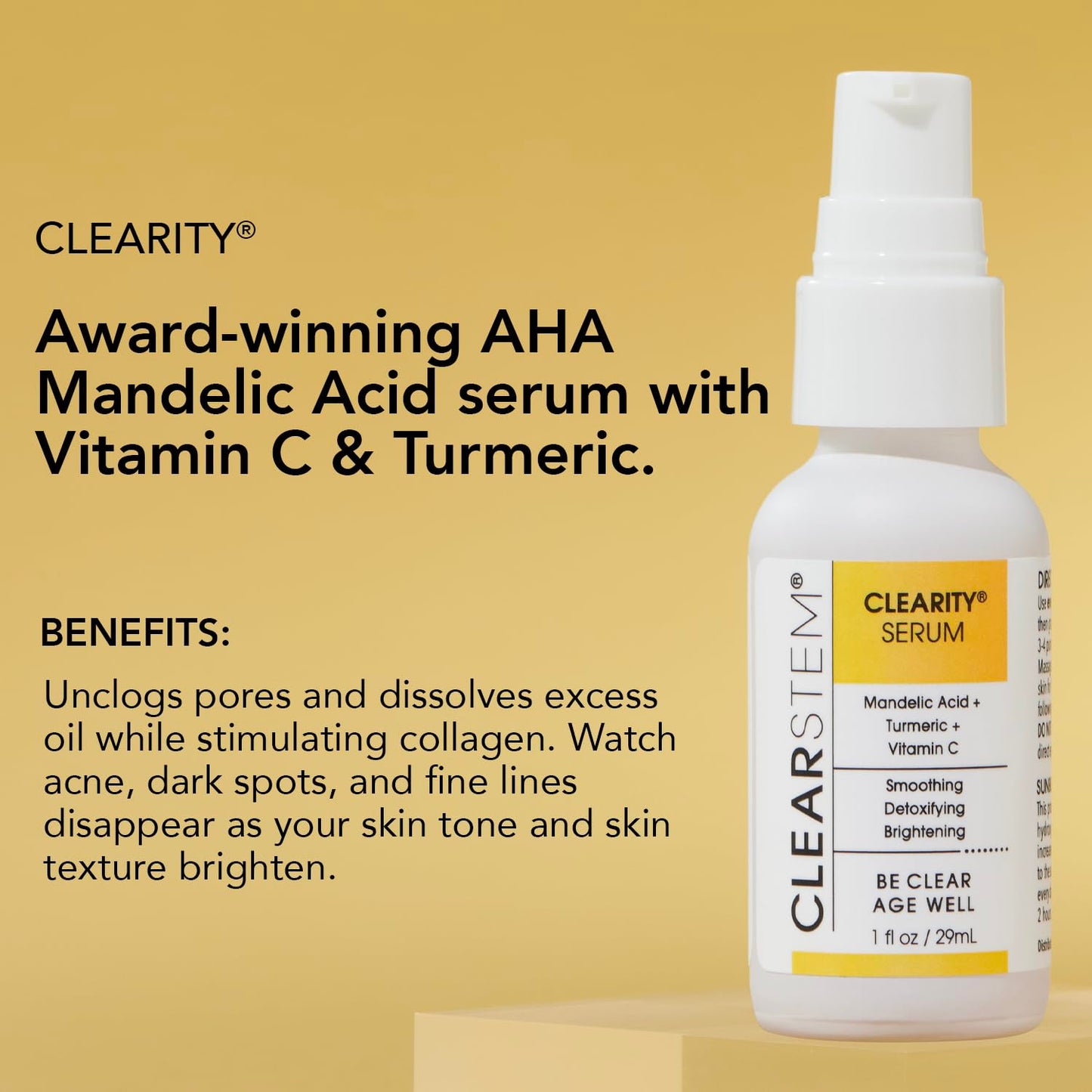 CLEARSTEM - CLEARITY The Blackhead Dissolver Mandelic Acid Serum - Vitamin C, Turmeric, Collagen Boost - All Skin Types - Facial Skin Care Products - Vegan, Gluten Free, Cruelty Free - 1 fl oz / 29ml