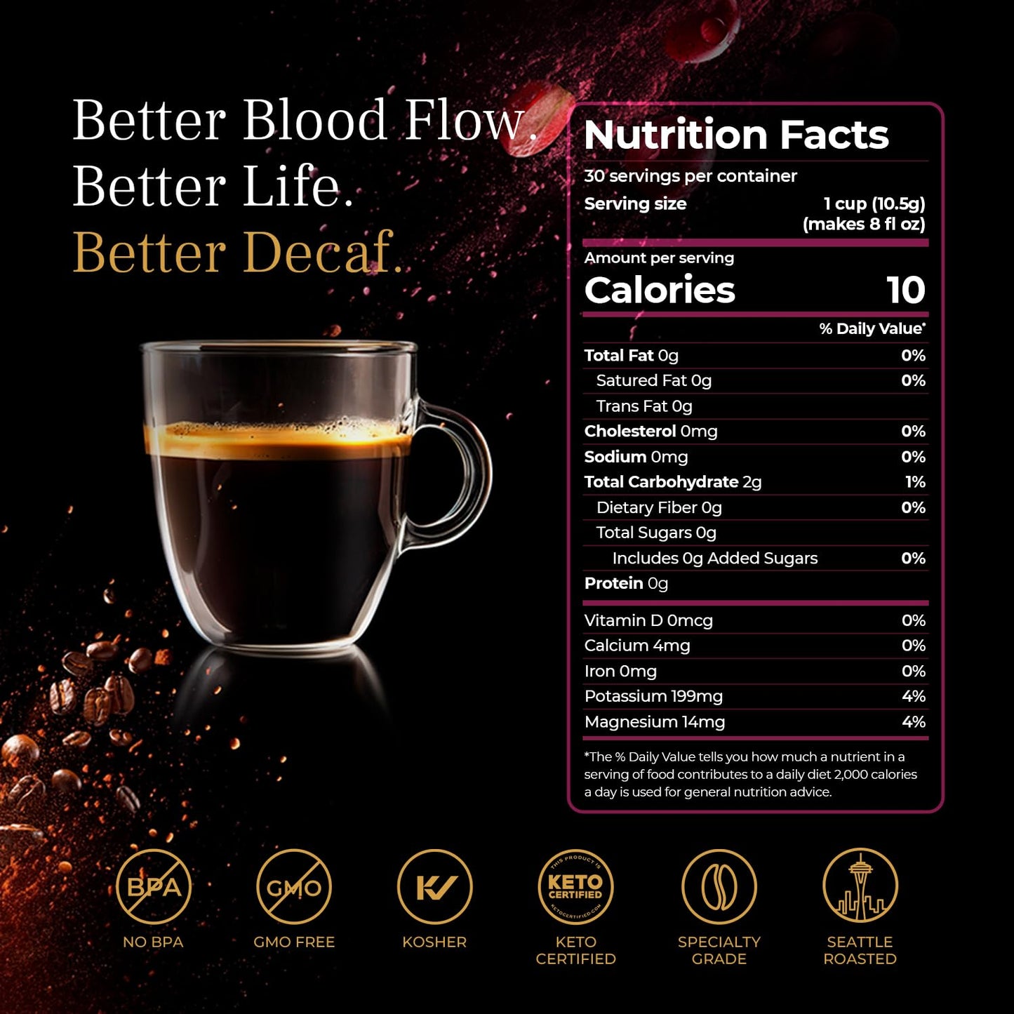 VINIA Blood Flow DECAF Coffee - Medium Roast Superfood Coffee Pods, Swiss Water Process Powered by Red Grape Piceid Resveratrol Boost Energy Keurig Compatible K-Cup Coffee Pods, Caffeine Free, 30 Ct