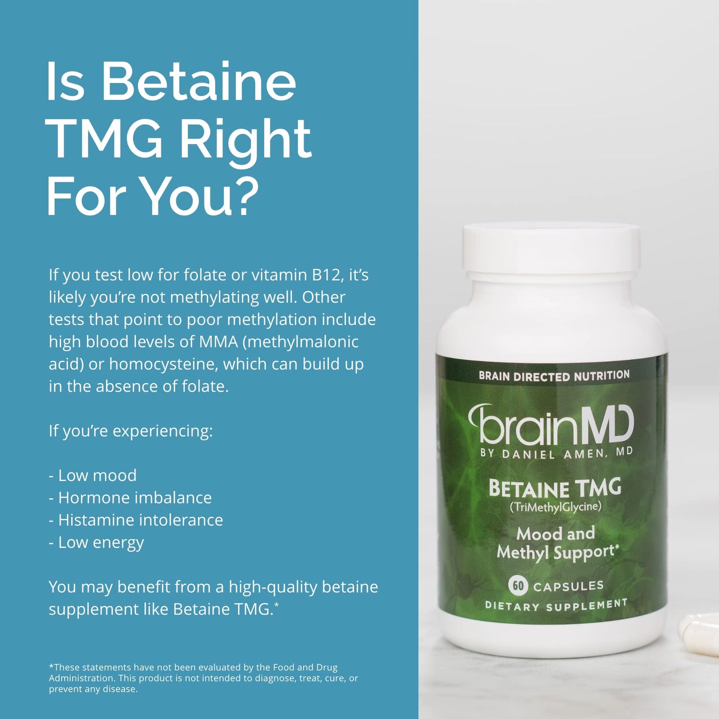Dr Amen BrainMD Betaine TMG - 60 Capsules - Mood & Methyl Support - Gluten Free - 30 Servings