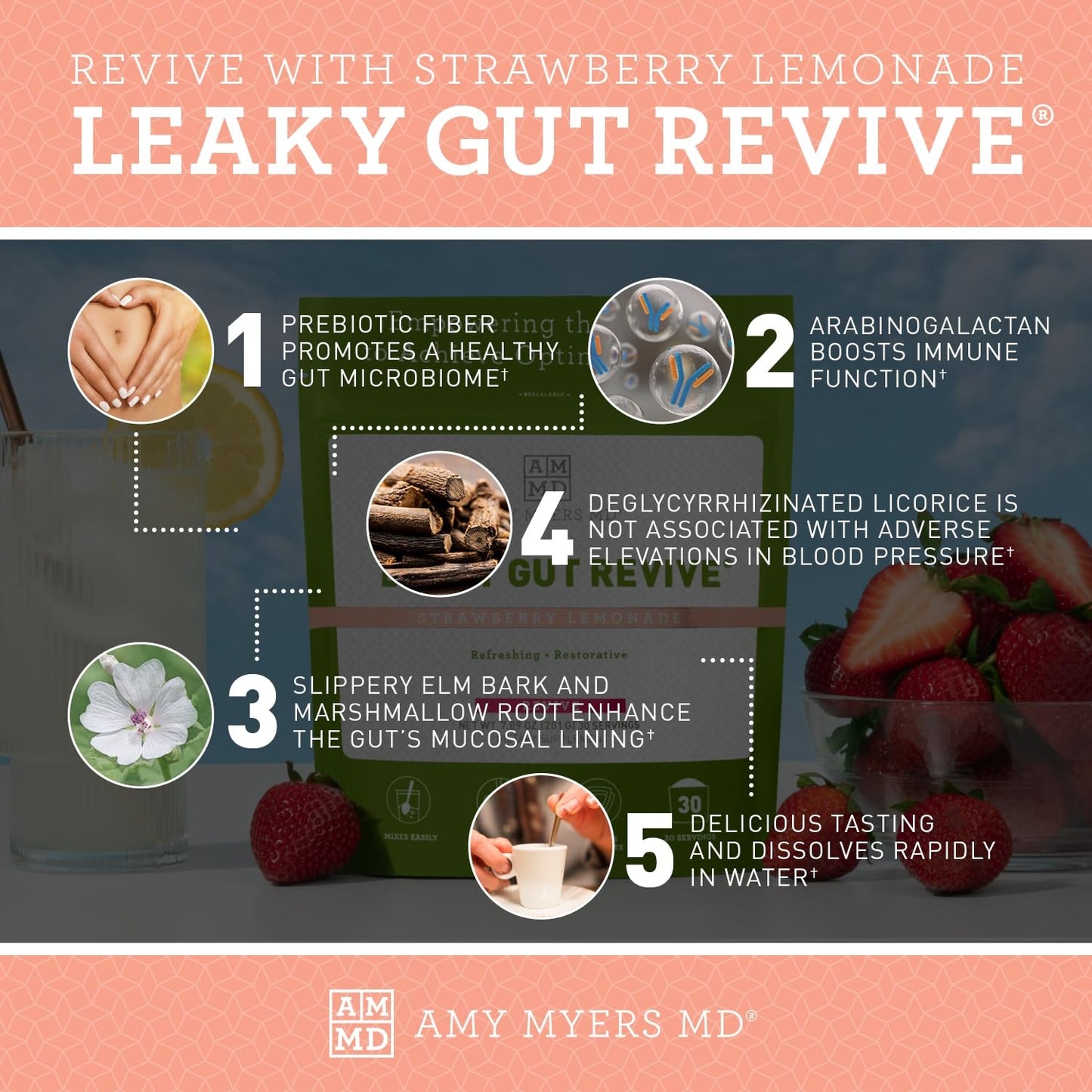 Amy Myers MD Leaky Gut Revive Powder for Gut Repair -L Glutamine, Slippery Elm -Supports Constipation, Diarrhea, Bloating, Heartburn, SIBO -Licorice & Marshmallow Root -Strawberry Lemonade- 7.09 Oz