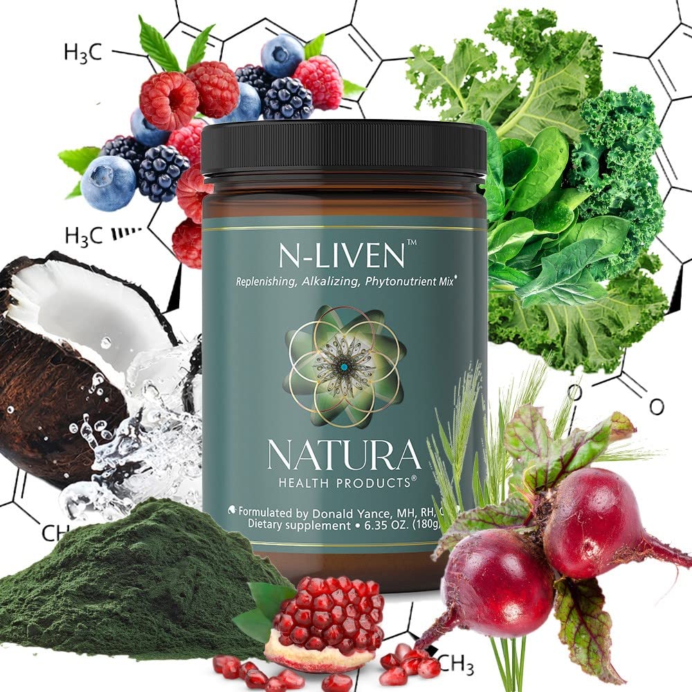 Natura Health Products N-liven Supplement - Organic Superfood Greens Powder Drink - Including Spirulina & Chlorophyll - Premier Blend of Barley Grass, Kale, Spinach, Goji Berry, Raspberry (180 Grams)