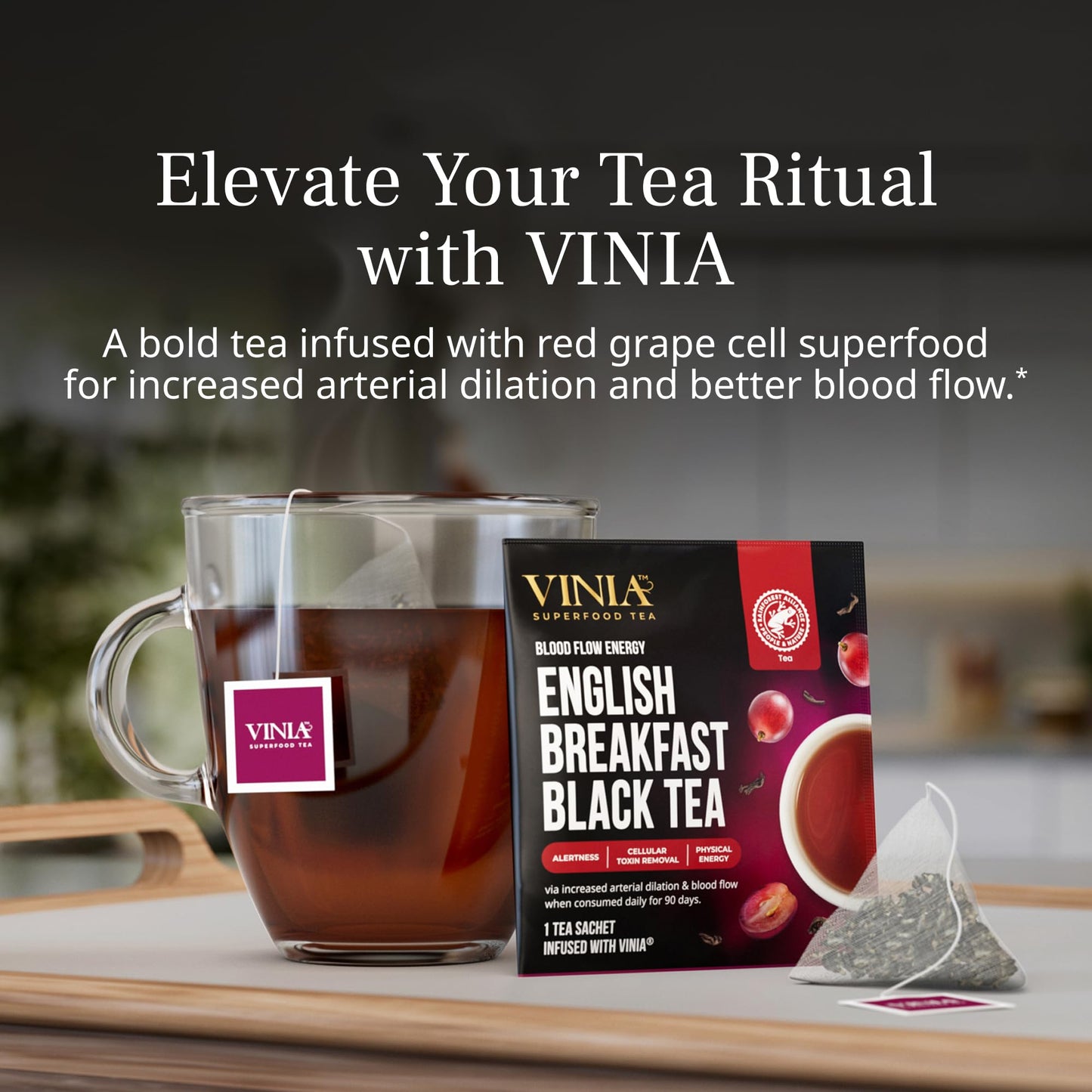 VINIA English Breakfast Black Tea Bags, Made with Organic Tea, Infused with Piceid Resveratrol for Heart Health, Nitric Oxide, Physical Energy, Alertness, Blood Flow, Keto, Kosher, NON-GMO. (30)