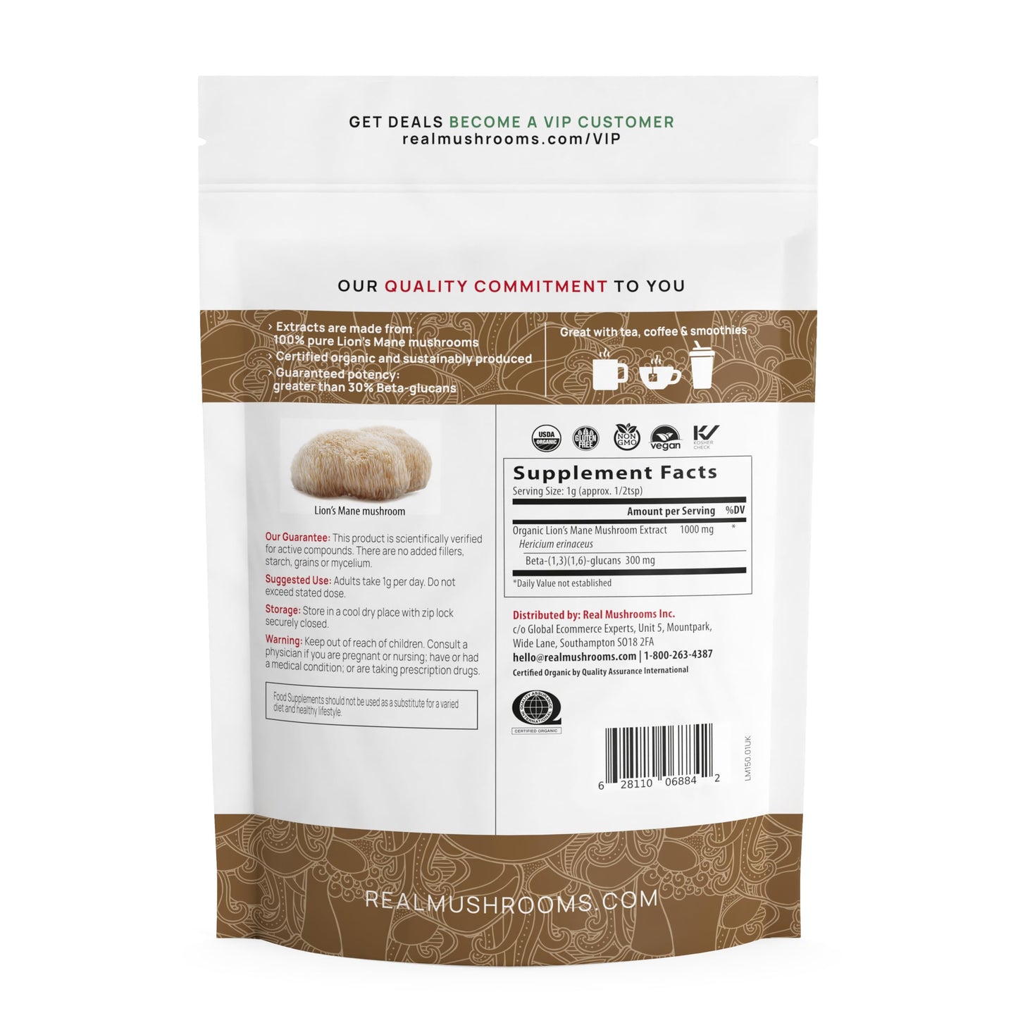 Real Mushrooms Lion’s Mane Powder - Organic Lions Mane Mushroom Extract for Cognitive Function & Immune Support - Brain Supplements for Memory and Focus - Vegan Mushroom Supplement, 150 Servings