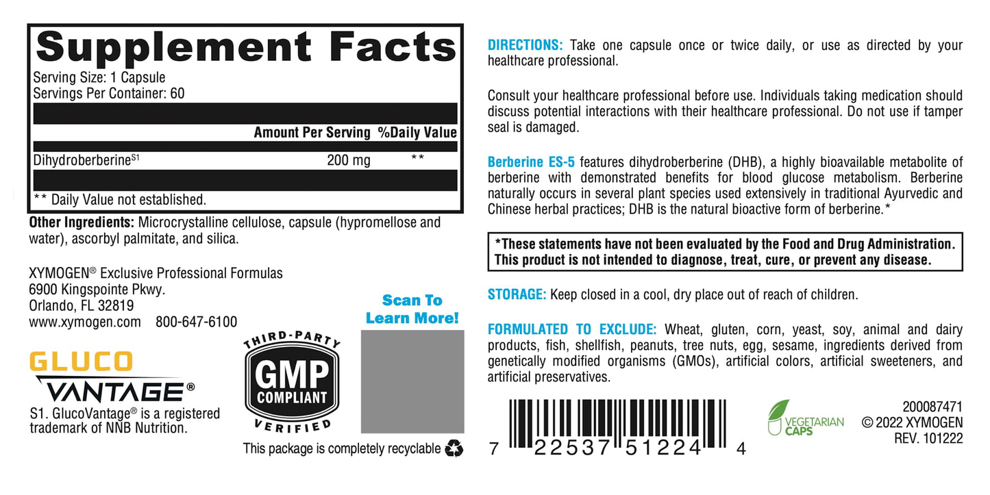 XYMOGEN Berberine ES-5 - Dihydroberberine Berberine Supplement - 5X The Bioavailability of Berberine - Metabolic Support (60 Capsules)